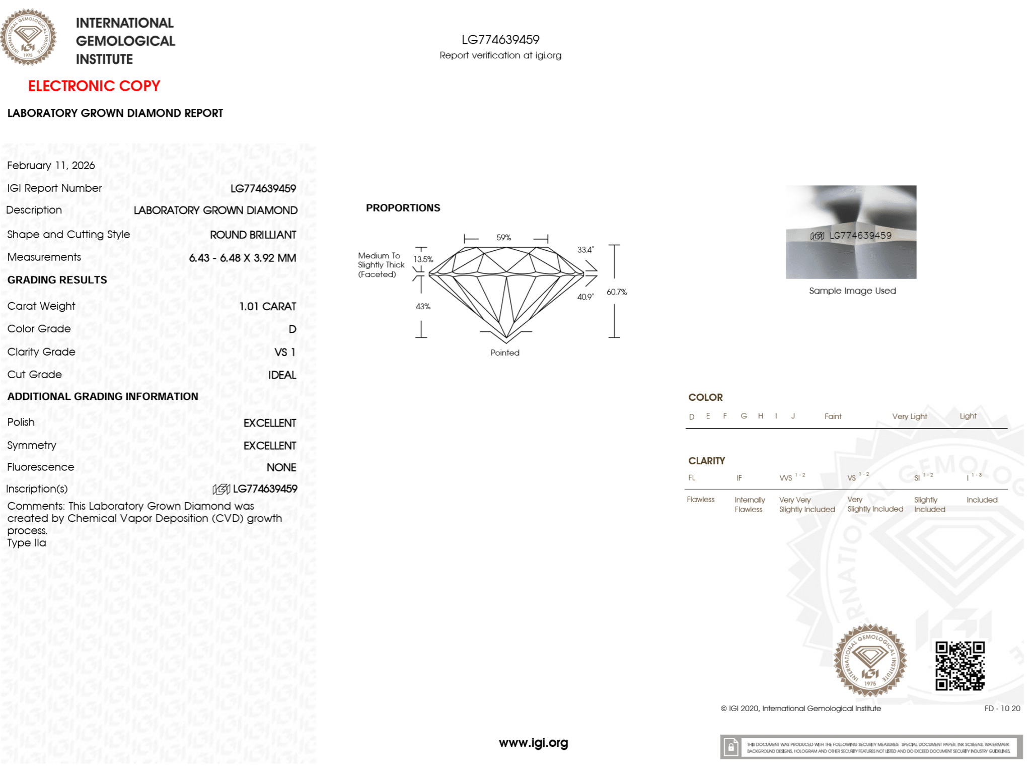 1.01 Carat D - VS1 Round Lab Grown Diamond - IGI (125032) - PBD Loose Diamond