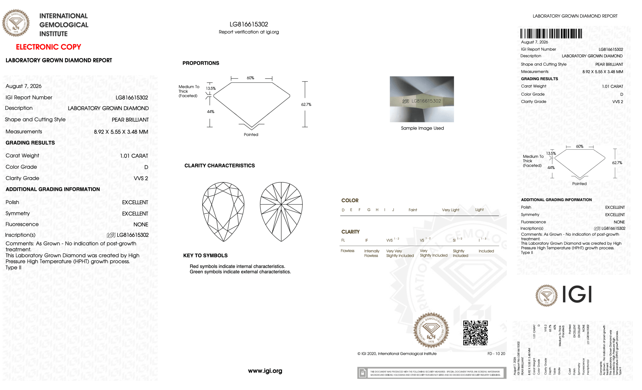 1.01 Carat D-VVS2 Pear Lab Grown Diamond - IGI (128076) - PBD Loose Diamond