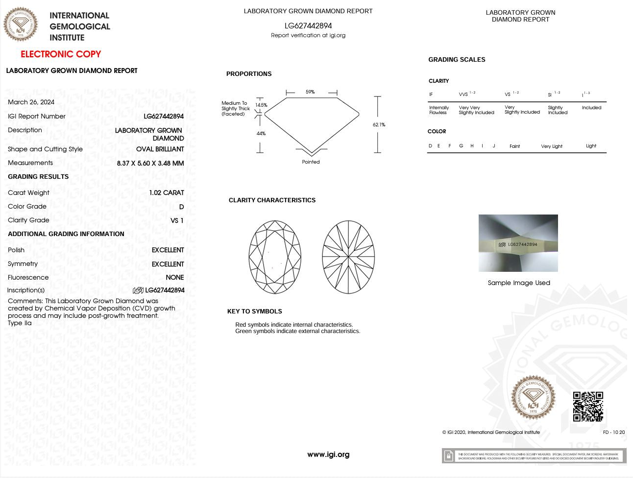 1.02 Carat D-VS1 Oval Lab Grown Diamond - IGI (#49124) Loose Diamond Princess Bride Diamonds 