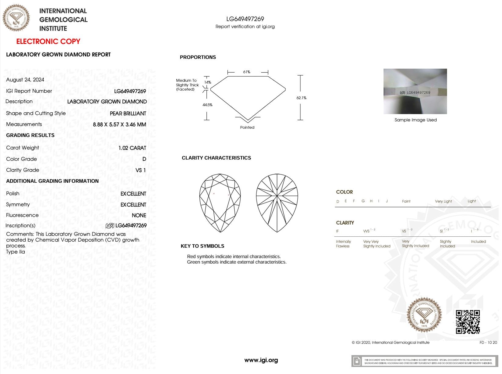 1.02 Carat D-VS1 Pear Lab Grown Diamond - IGI (#51852) Loose Diamond Princess Bride Diamonds 