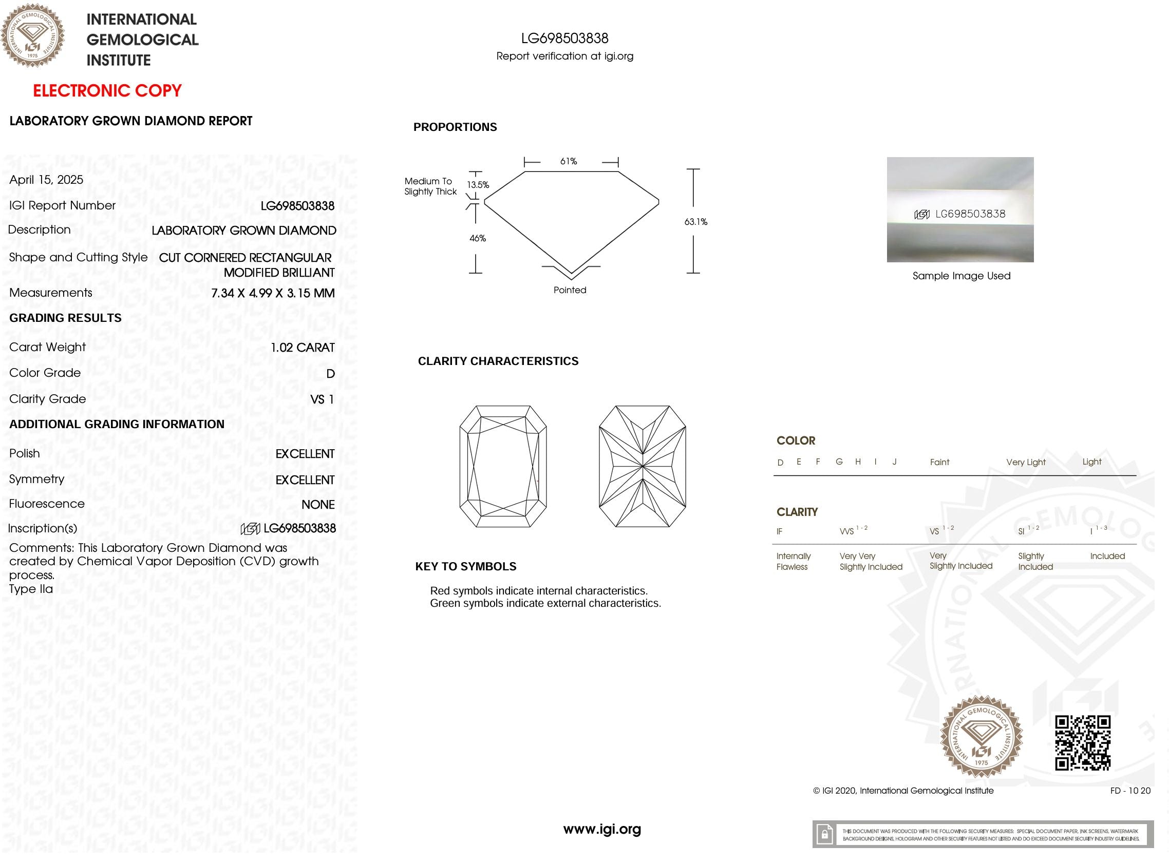 1.02 Carat D-VS1 Radiant Lab Grown Diamond - IGI (#53955) Loose Diamond Princess Bride Diamonds 
