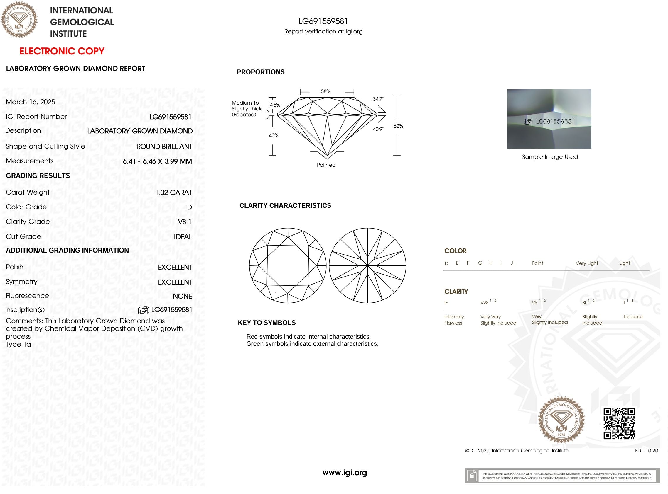1.02 Carat D-VS1 Round Lab Grown Diamond - IGI (#54035) Loose Diamond Princess Bride Diamonds 