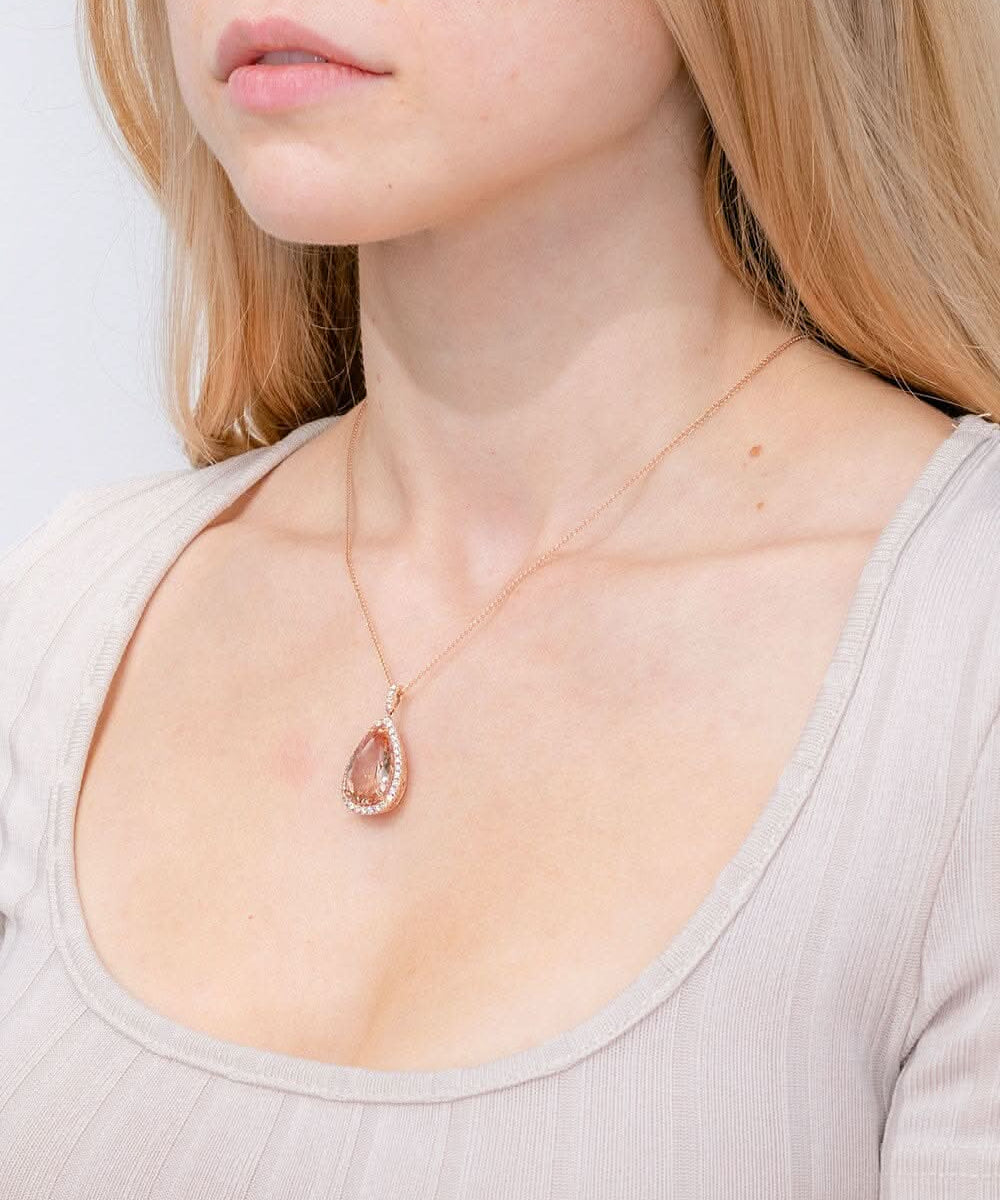 10.21ct Pear Morganite Halo Necklace - PBD Necklaces
