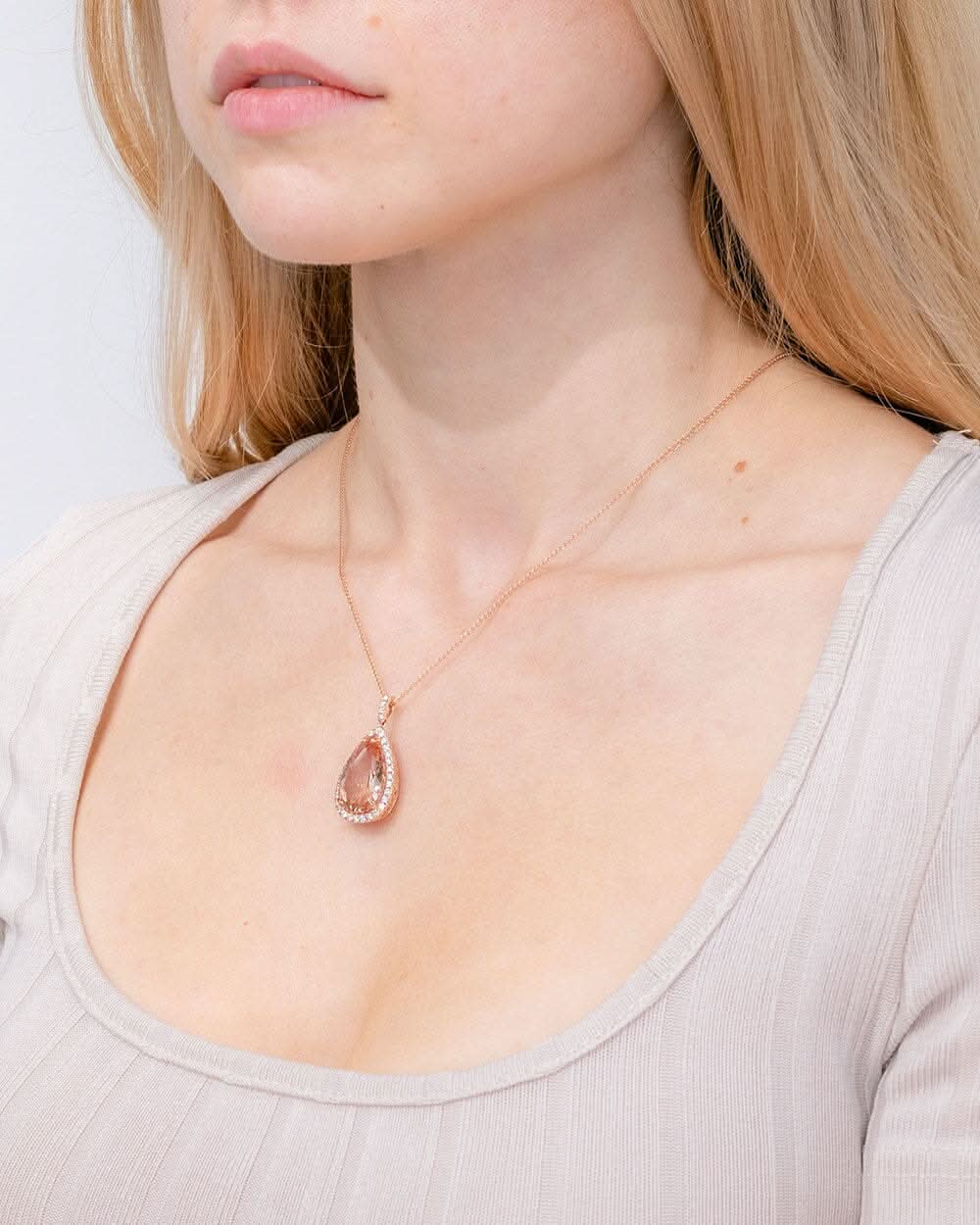 10.21ct Pear Morganite Halo Necklace - PBD Necklaces