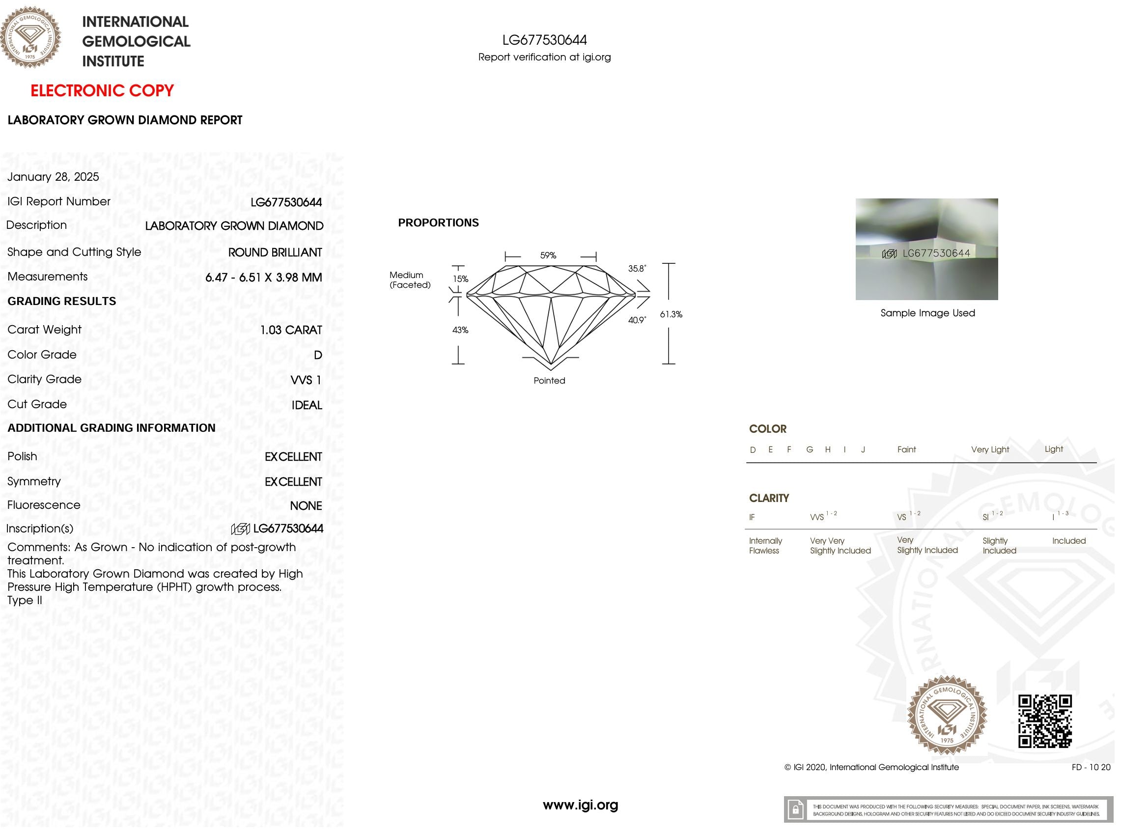 1.03 Carat D-VVS1 Round Lab Grown Diamond - IGI (#53092) Loose Diamond Princess Bride Diamonds 