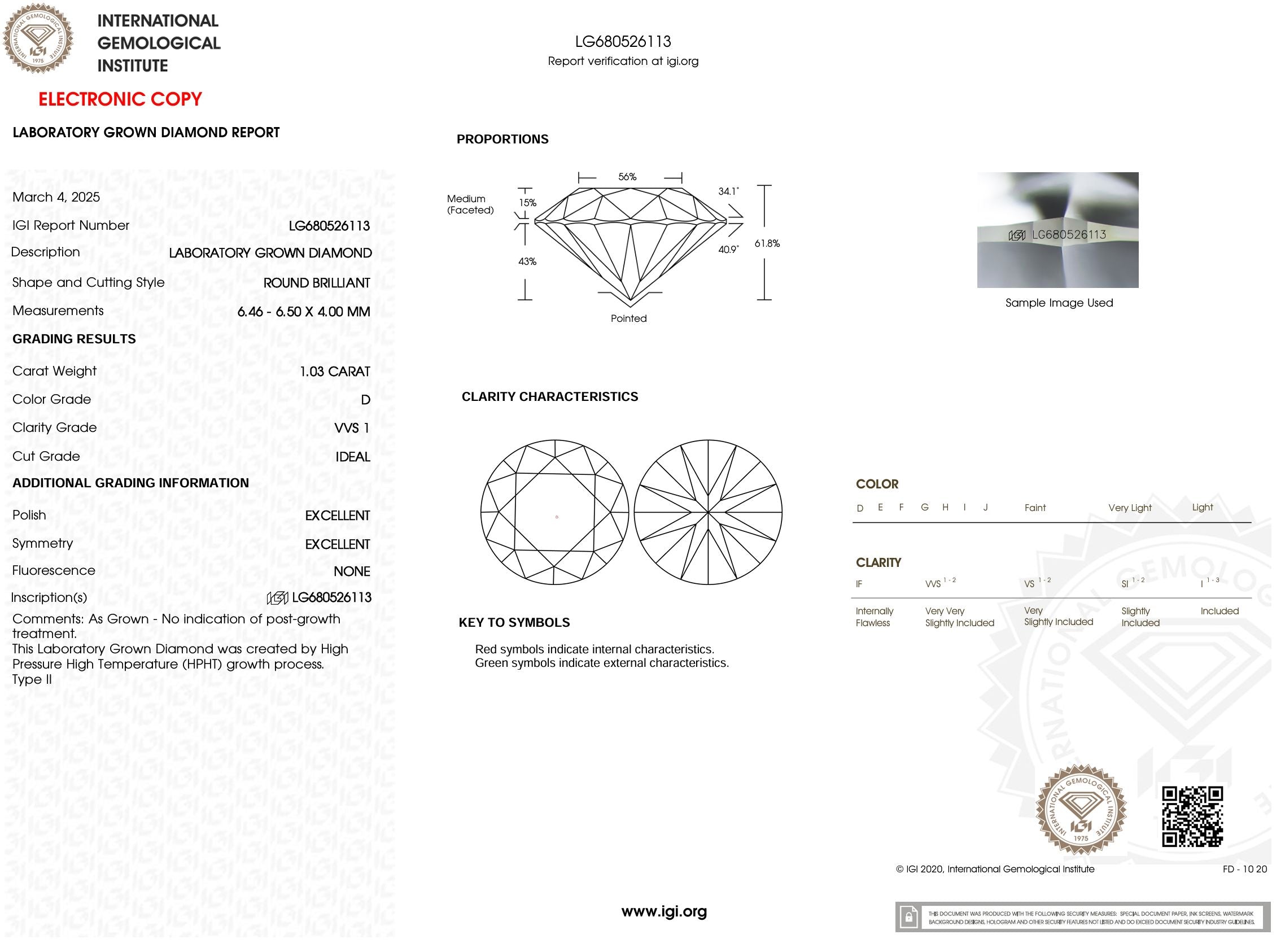 1.03 Carat D-VVS1 Round Lab Grown Diamond - IGI (#54026) Loose Diamond Princess Bride Diamonds 