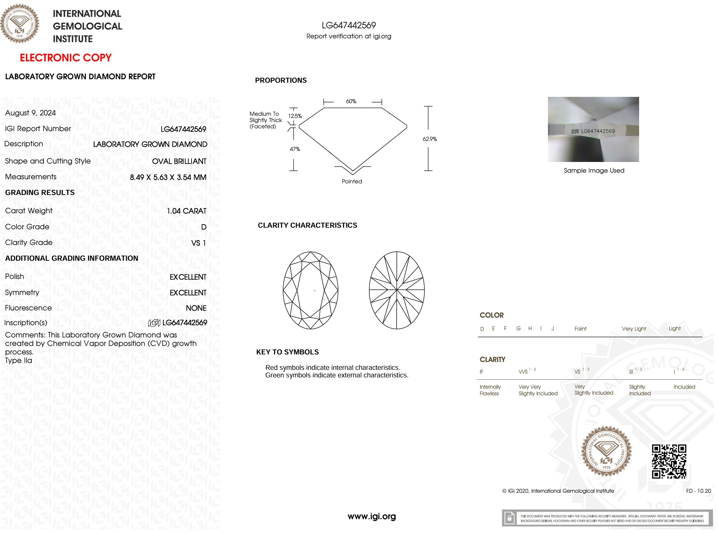 1.04 Carat D-VS1 Oval Lab Grown Diamond - IGI (#52485) Loose Diamond Princess Bride Diamonds 