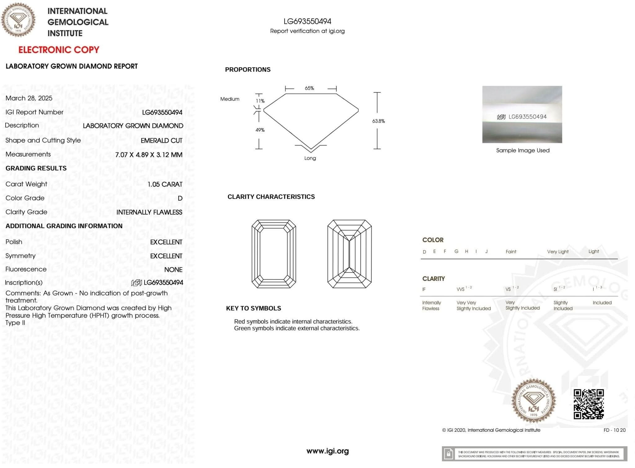 1.05 Carat D - IF Emerald Lab Grown Diamond - IGI (54056) - PBD Loose Diamond