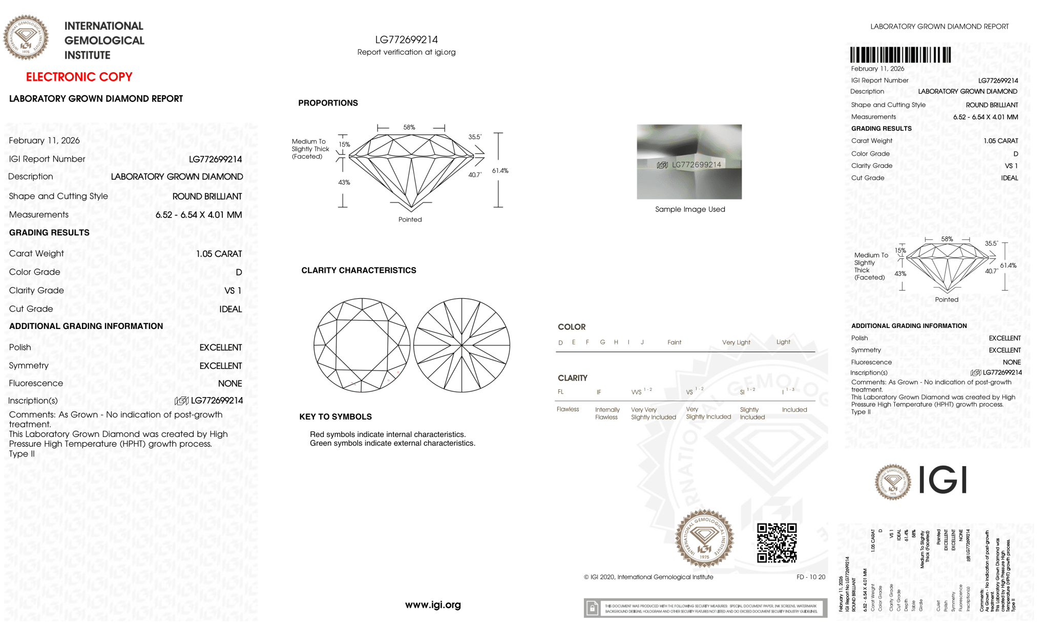 1.05 Carat D-VS1 Round Lab Grown Diamond - IGI (127412) - PBD Loose Diamond