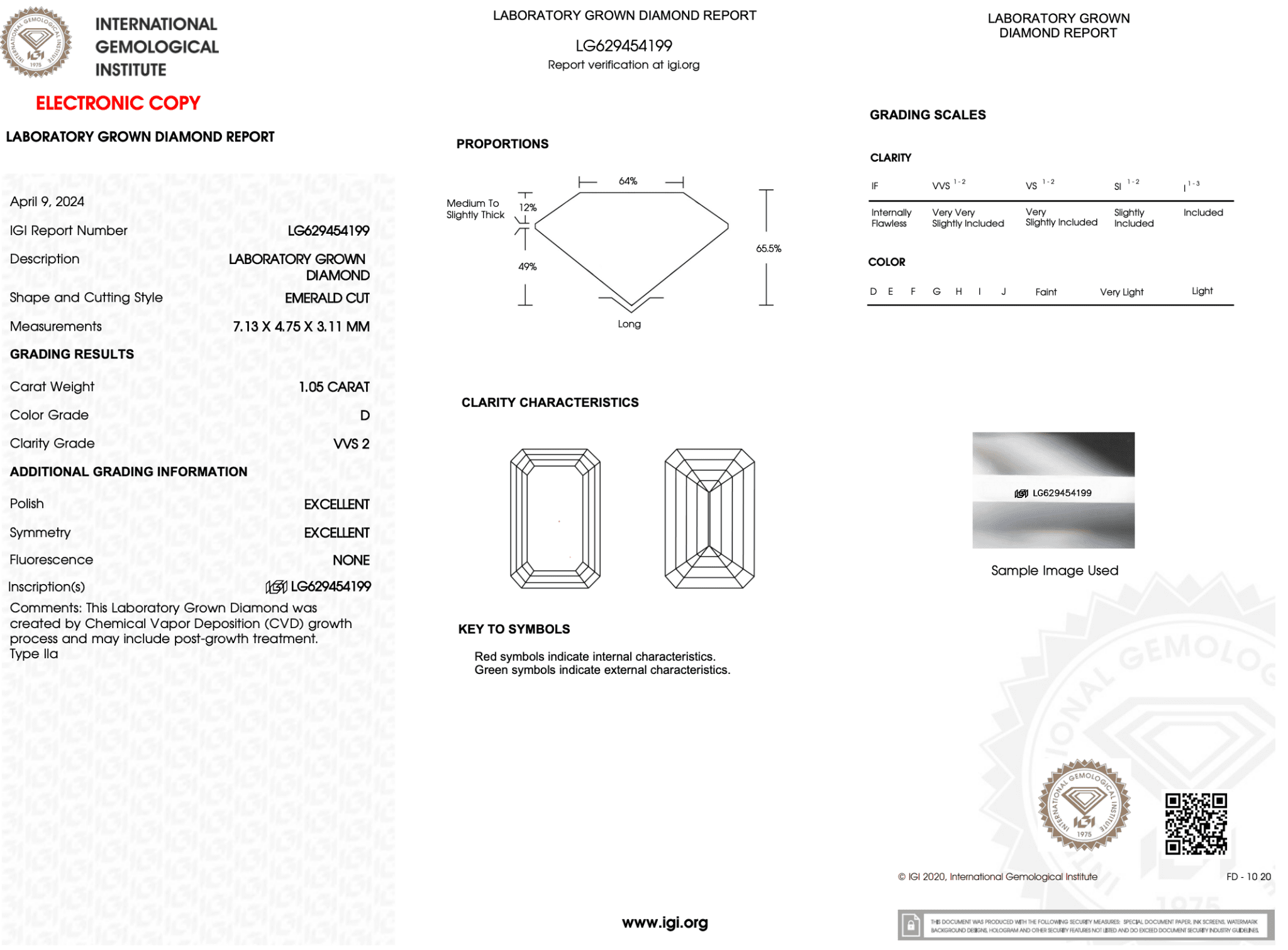 1.05 Carat D - VVS2 Emerald Lab Grown Diamond - IGI (122007) - PBD Loose Diamond
