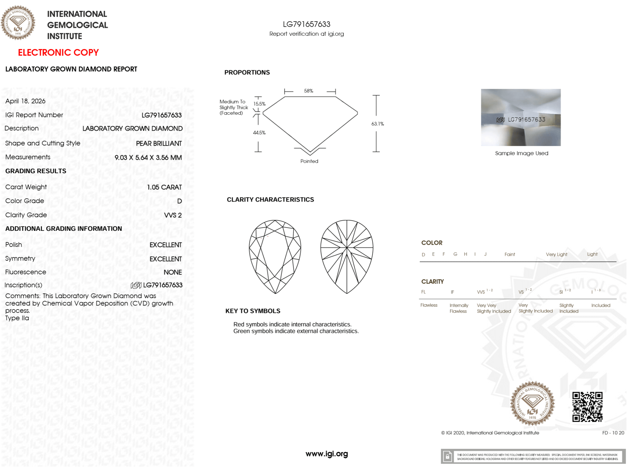 1.05 Carat D - VVS2 Pear Lab Grown Diamond - IGI (125994) - PBD Loose Diamond
