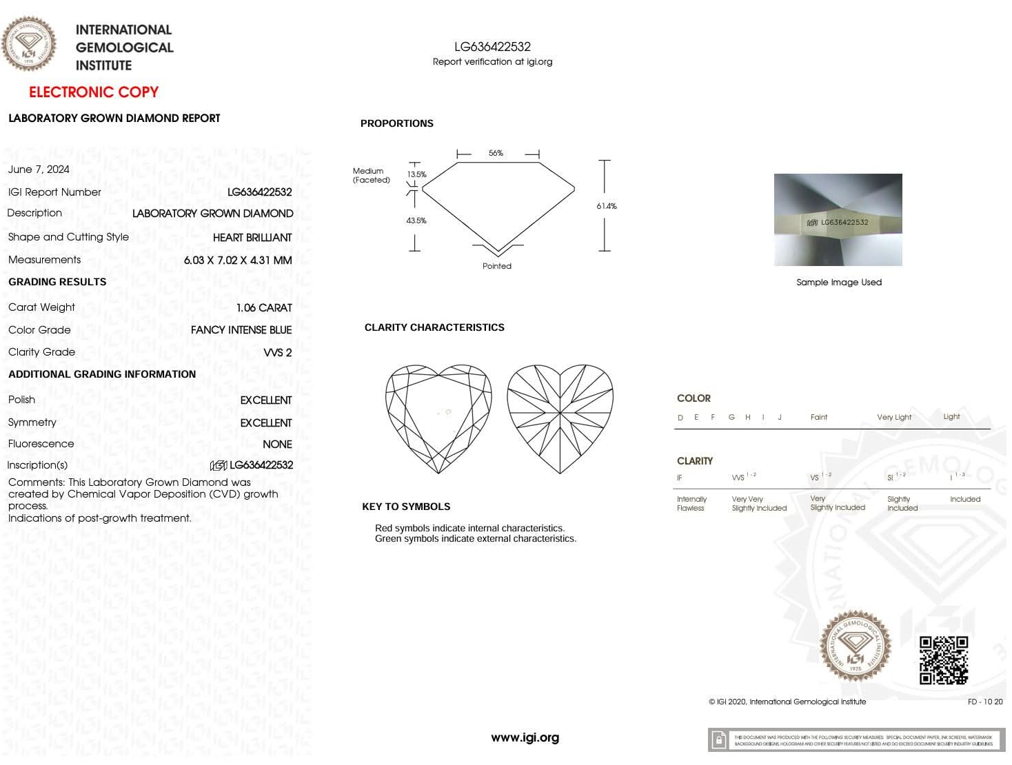 1.06 Carat Fancy Intense Blue VVS2 Heart Lab Grown Diamond - IGI (49280) - PBD Loose Diamond
