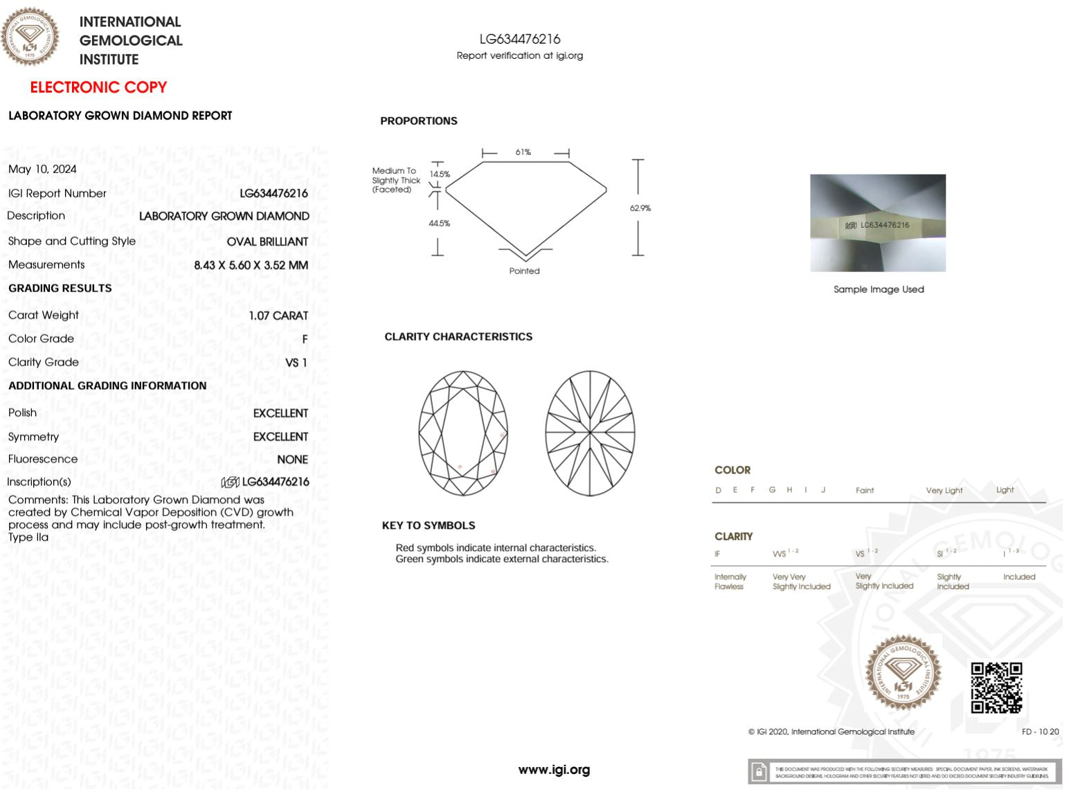 1.07 Carat F-VS1 Oval Lab Grown Diamond - IGI (#49979) Loose Diamond Princess Bride Diamonds 