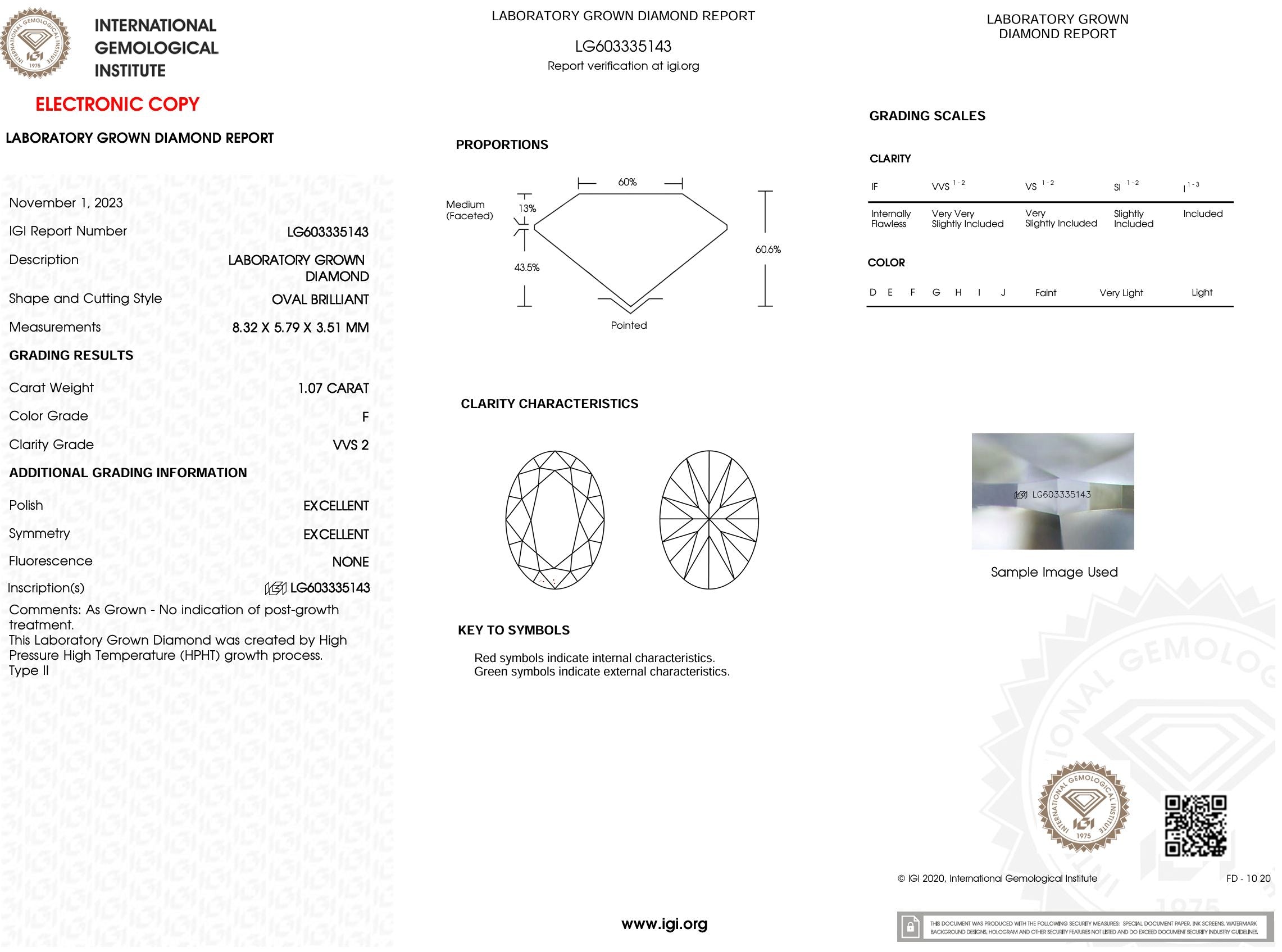 1.07 Carat F-VVS2 Oval Lab Grown Diamond - IGI (#52560) Loose Diamond Princess Bride Diamonds 