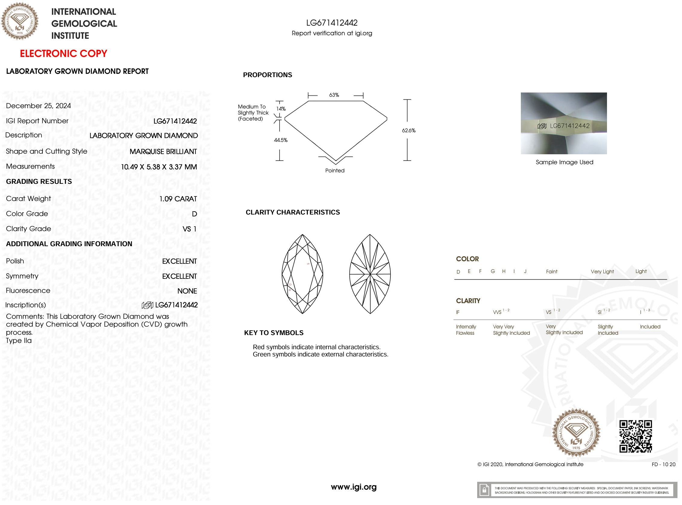 1.09 Carat D-VS1 Marquise Lab Grown Diamond - IGI (#53801) Loose Diamond Princess Bride Diamonds 