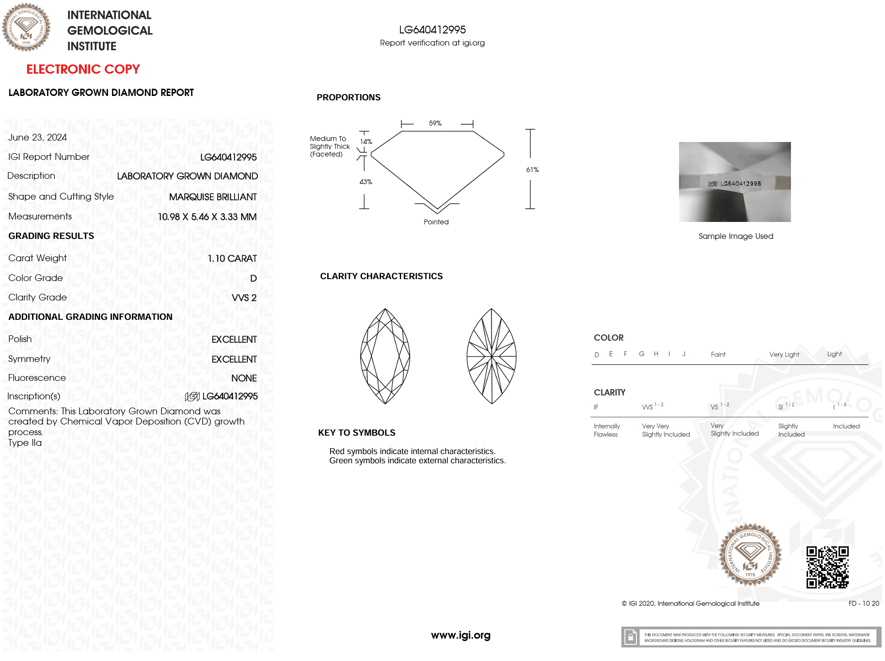 1.10 Carat D - VVS2 Marquise Lab Grown Diamond - IGI (121839) - PBD Loose Diamond