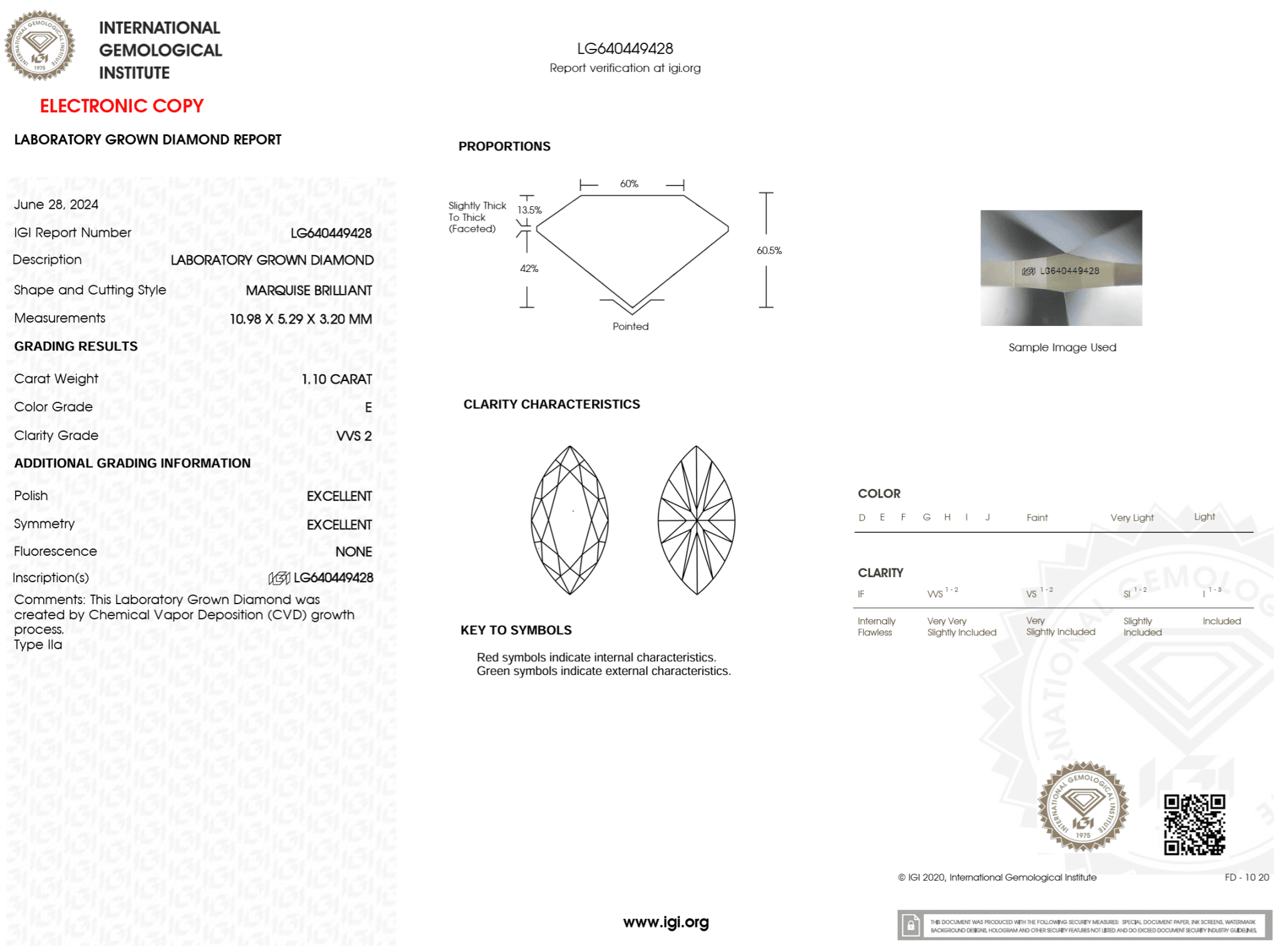 1.10 Carat E - VVS2 Marquise Lab Grown Diamond - IGI (123134) - PBD Loose Diamond