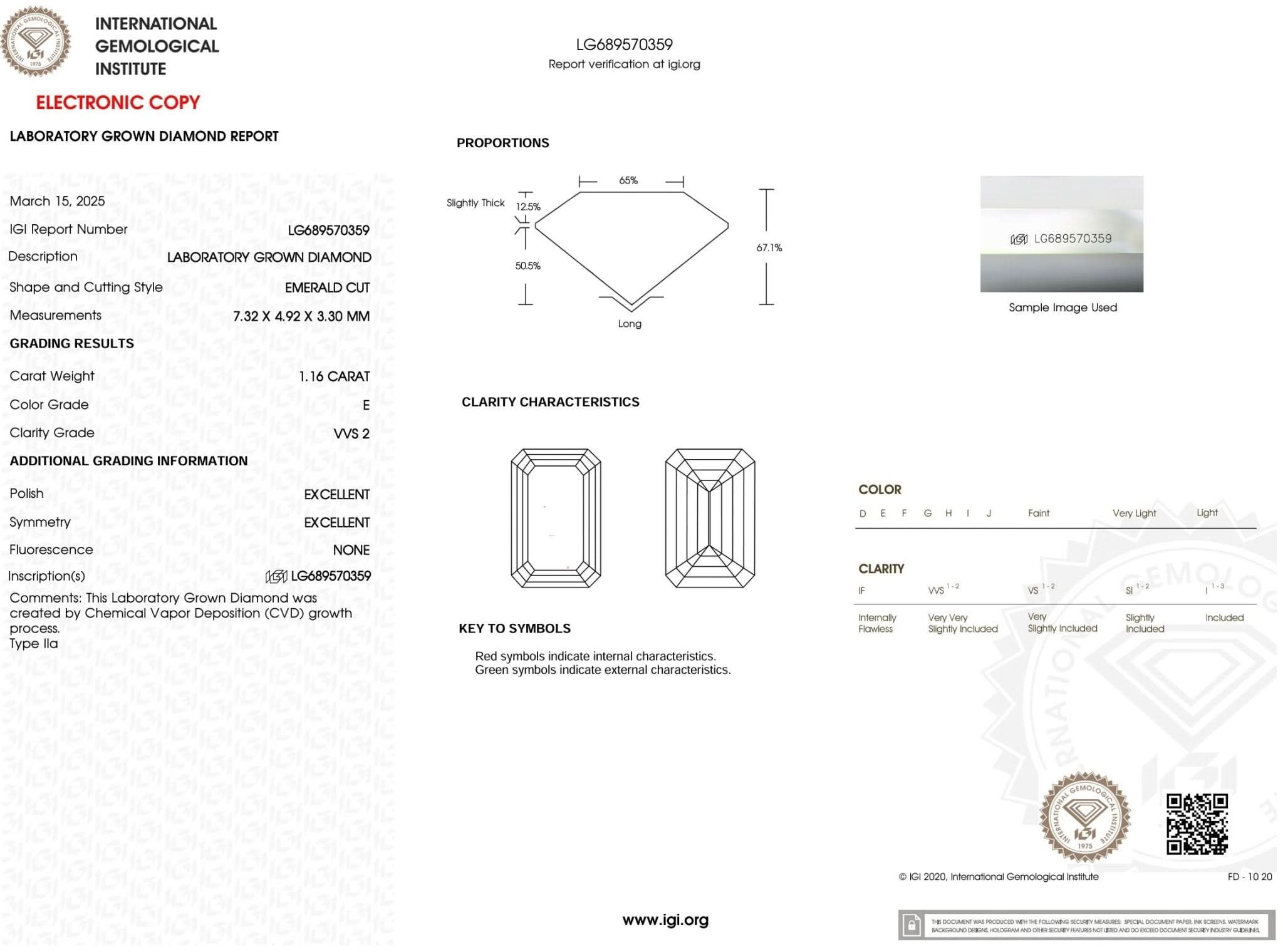 1.16 Carat E - VVS2 Emerald Lab Grown Diamond - IGI (53407) - PBD Loose Diamond