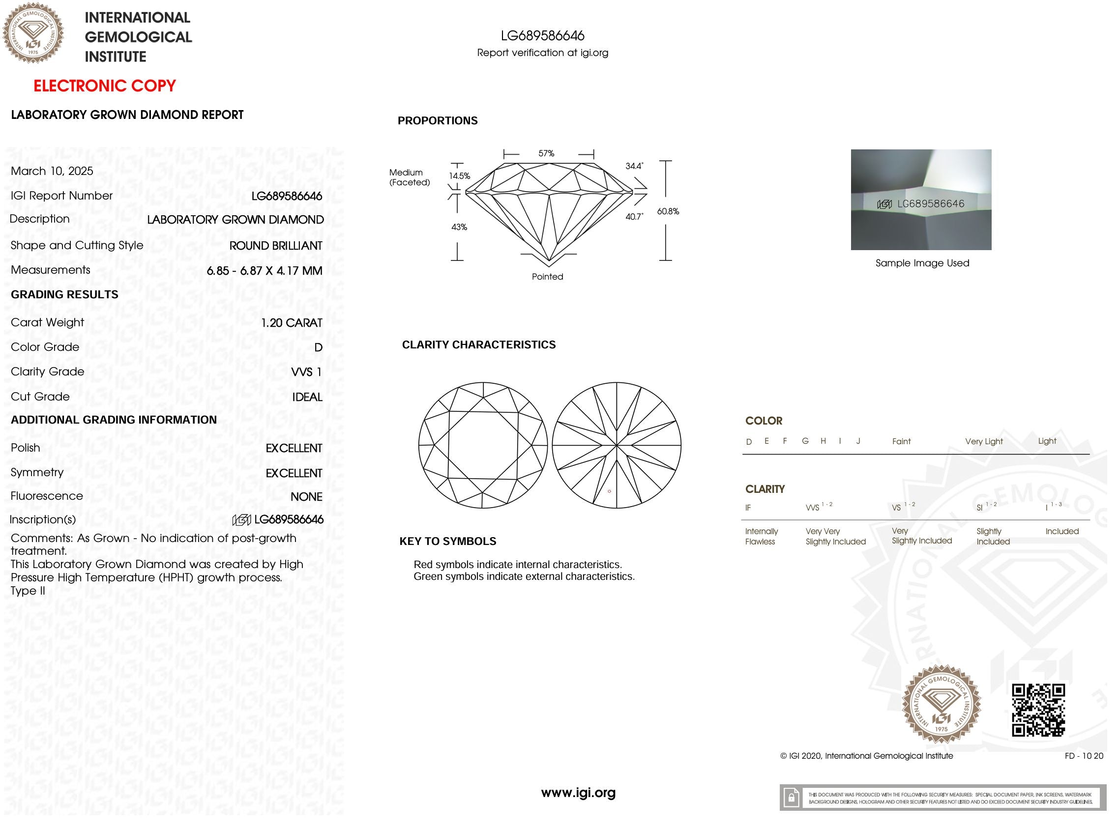 1.20 Carat D-VVS1 Round Lab Grown Diamond - IGI (#54014) Loose Diamond Princess Bride Diamonds 