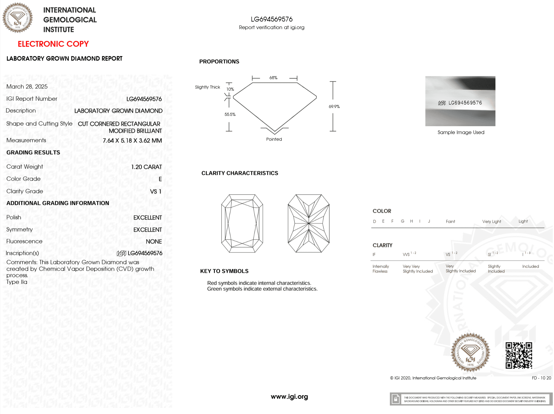 1.20 Carat E - VS1 Radiant Lab Grown Diamond - IGI (121794) - PBD Loose Diamond