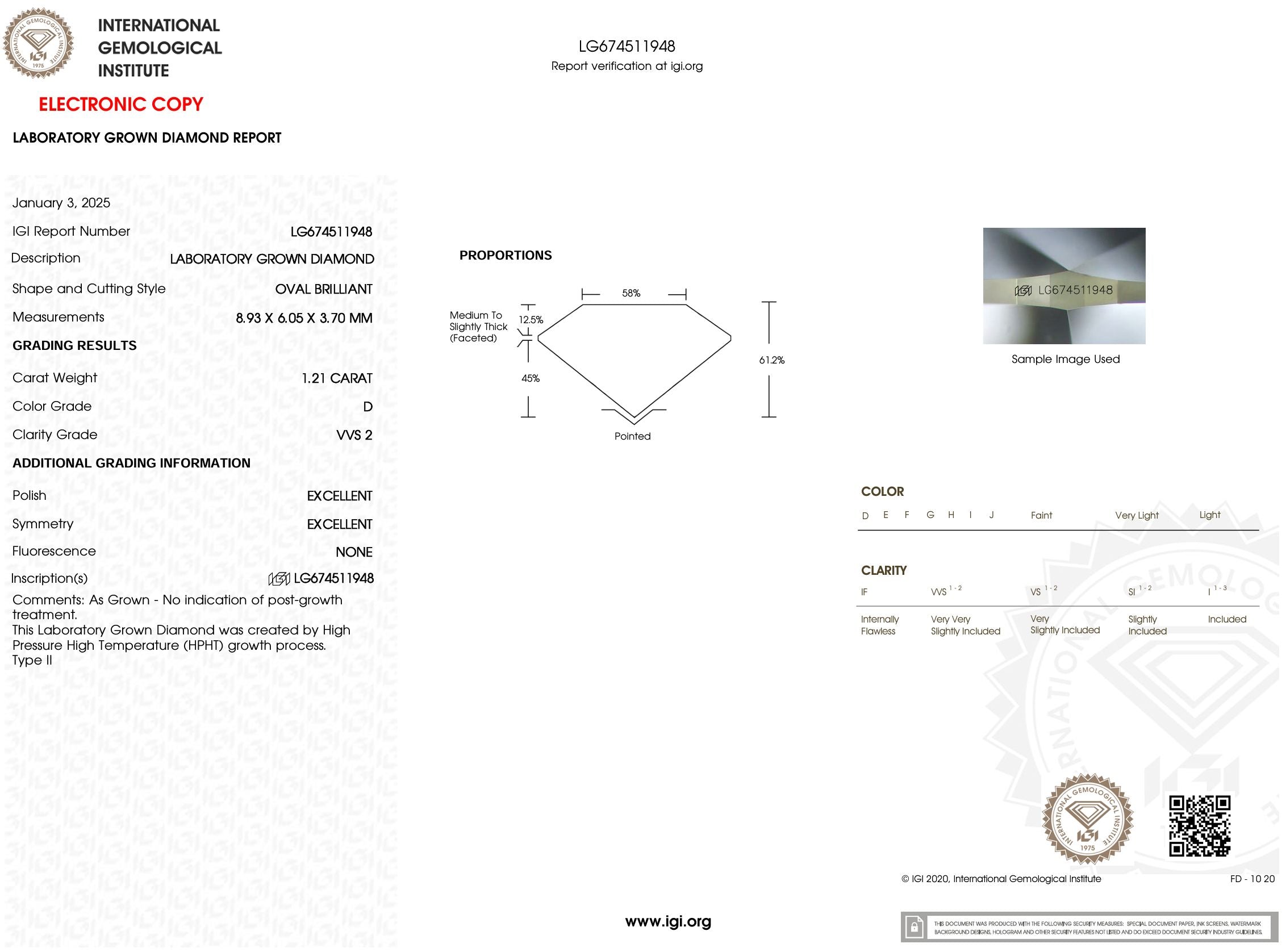 1.21 Carat D-VVS2 Oval Lab Grown Diamond - IGI (#53767) Loose Diamond Princess Bride Diamonds 