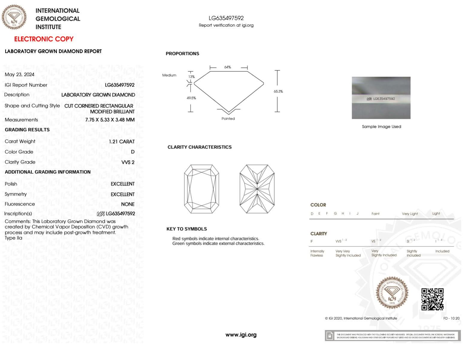 1.21 Carat D - VVS2 Radiant Lab Grown Diamond - IGI (50015) - PBD Loose Diamond