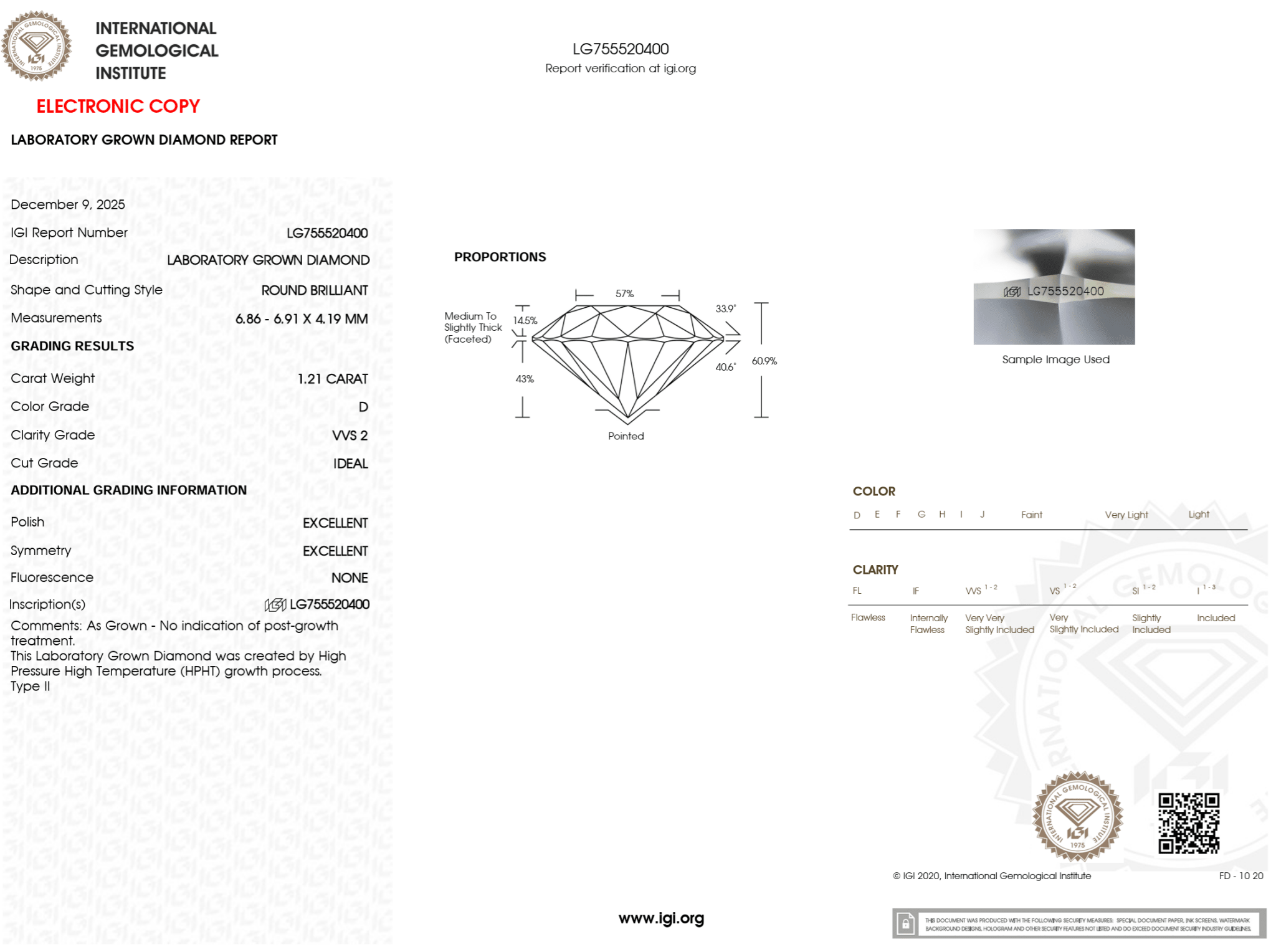 1.21 Carat D - VVS2 Round Lab Grown Diamond - IGI (123943) - PBD Loose Diamond
