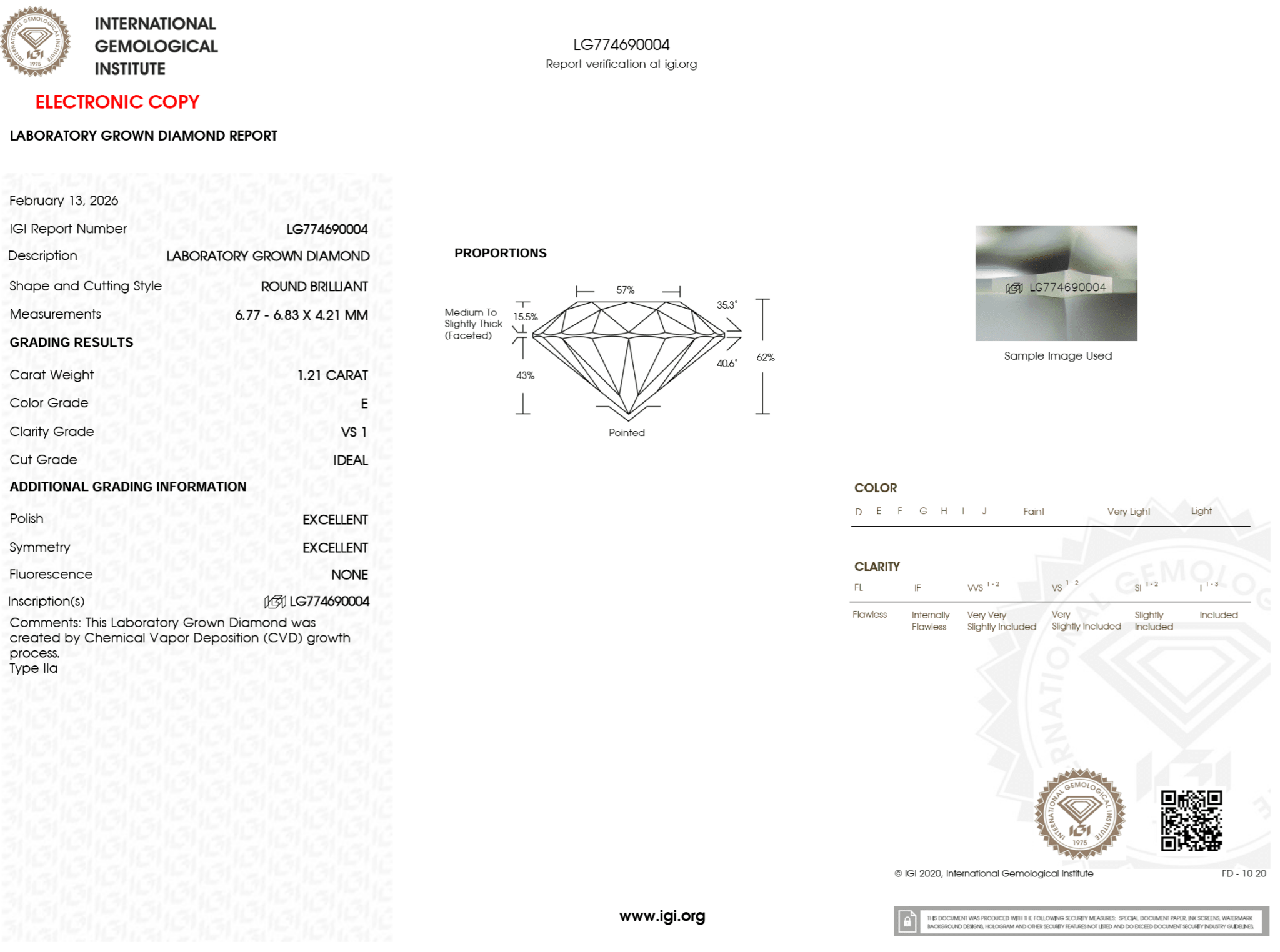 1.21 Carat E - VS1 Round Lab Grown Diamond - IGI (125181) - PBD Loose Diamond