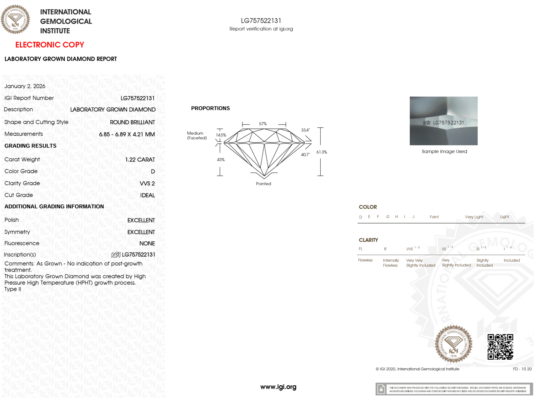 1.22 Carat D - VVS2 Round Lab Grown Diamond - IGI (125213) - PBD Loose Diamond
