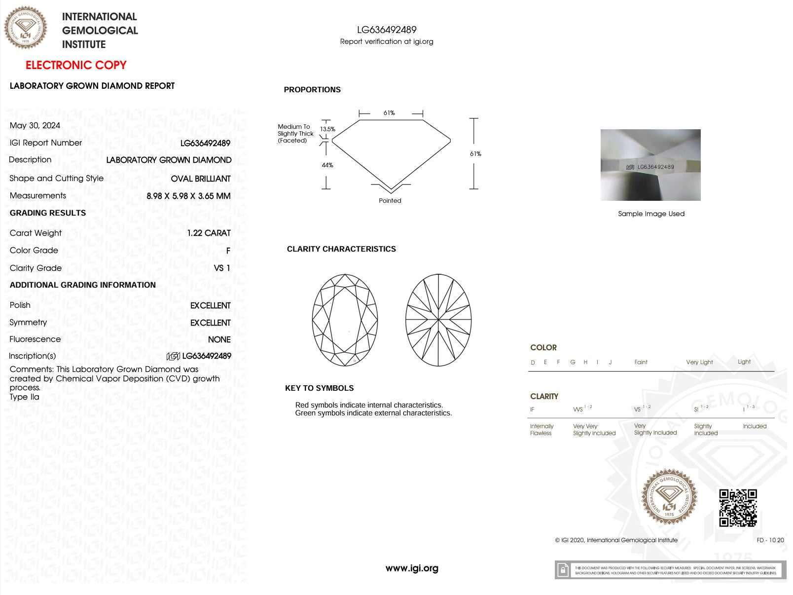 1.22 Carat F-VS1 Oval Lab Grown Diamond - IGI (#51465) Loose Diamond Princess Bride Diamonds 