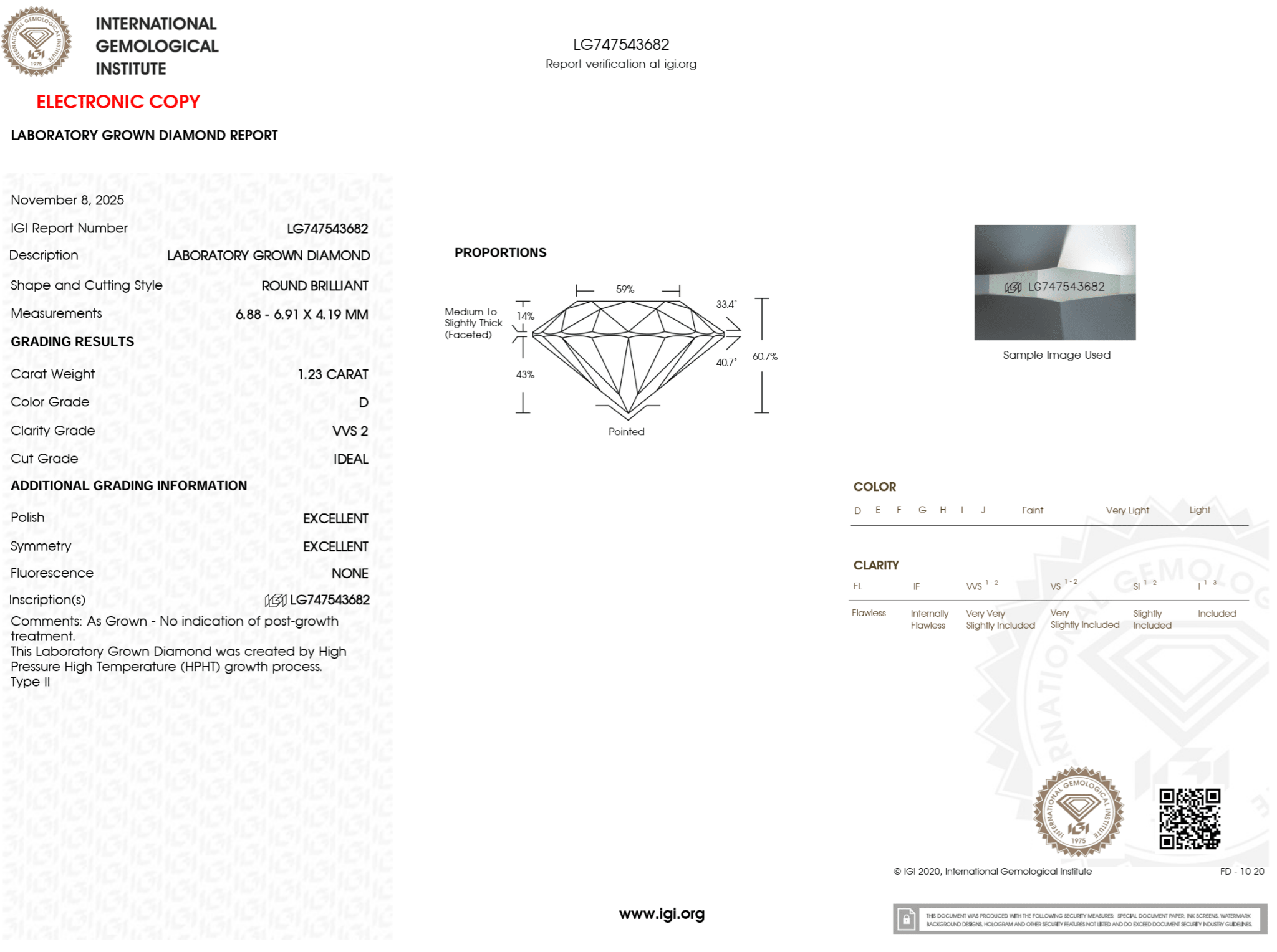 1.23 Carat D - VVS2 Round Lab Grown Diamond - IGI (123944) - PBD Loose Diamond