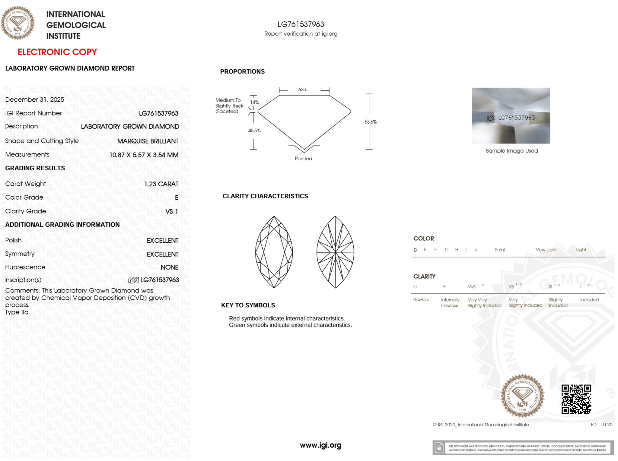 1.23 Carat E - VS1 Marquise Lab Grown Diamond - IGI (125272) - PBD Loose Diamond