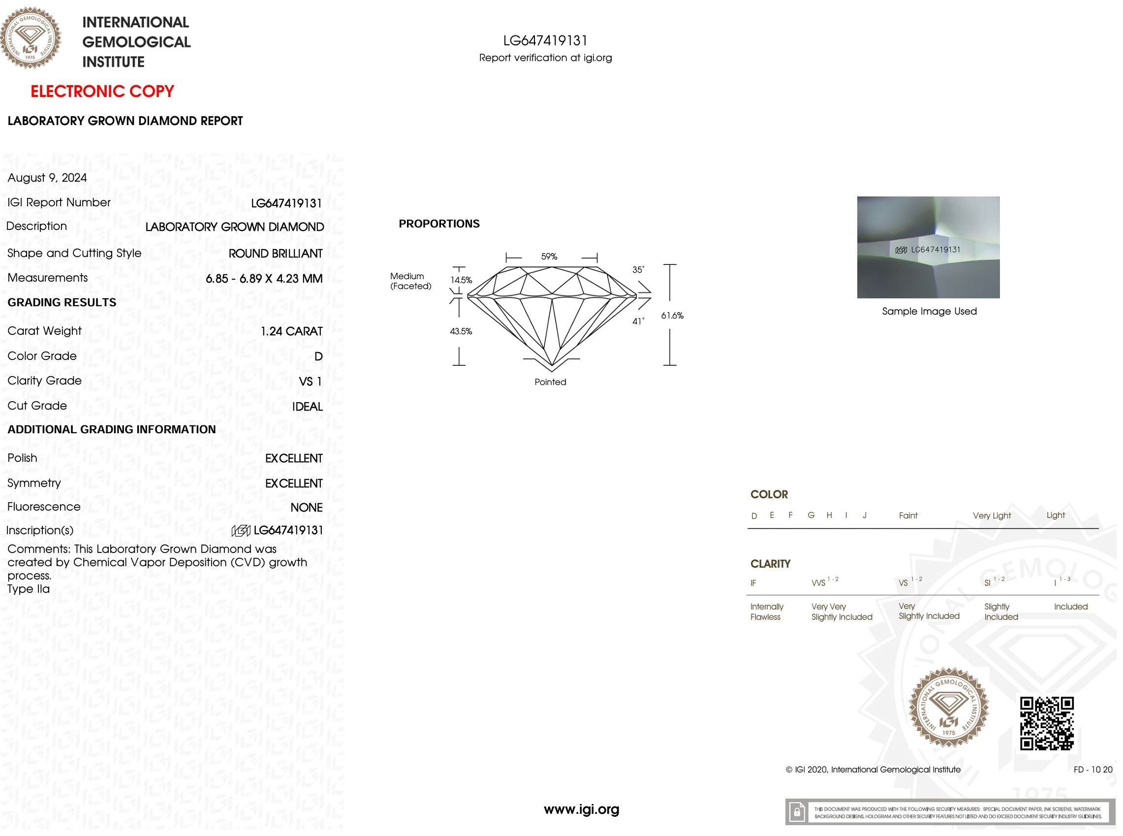 1.24 Carat D-VS1 Round Lab Grown Diamond - IGI (#52032) Loose Diamond Princess Bride Diamonds 