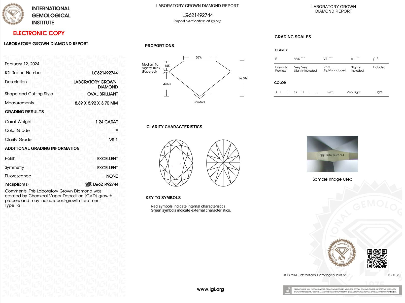 1.24 Carat E-VS1 Oval Lab Grown Diamond - IGI (#51466) Loose Diamond Princess Bride Diamonds 