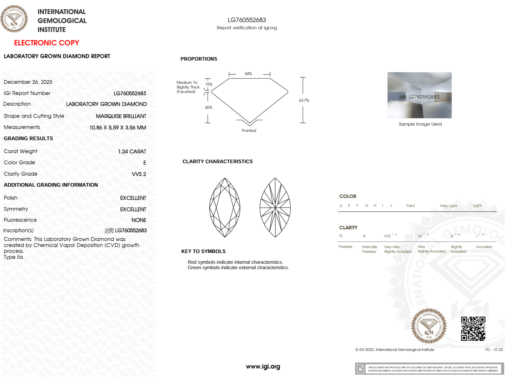 1.24 Carat E - VVS2 Marquise Lab Grown Diamond - IGI (125154) - PBD Loose Diamond