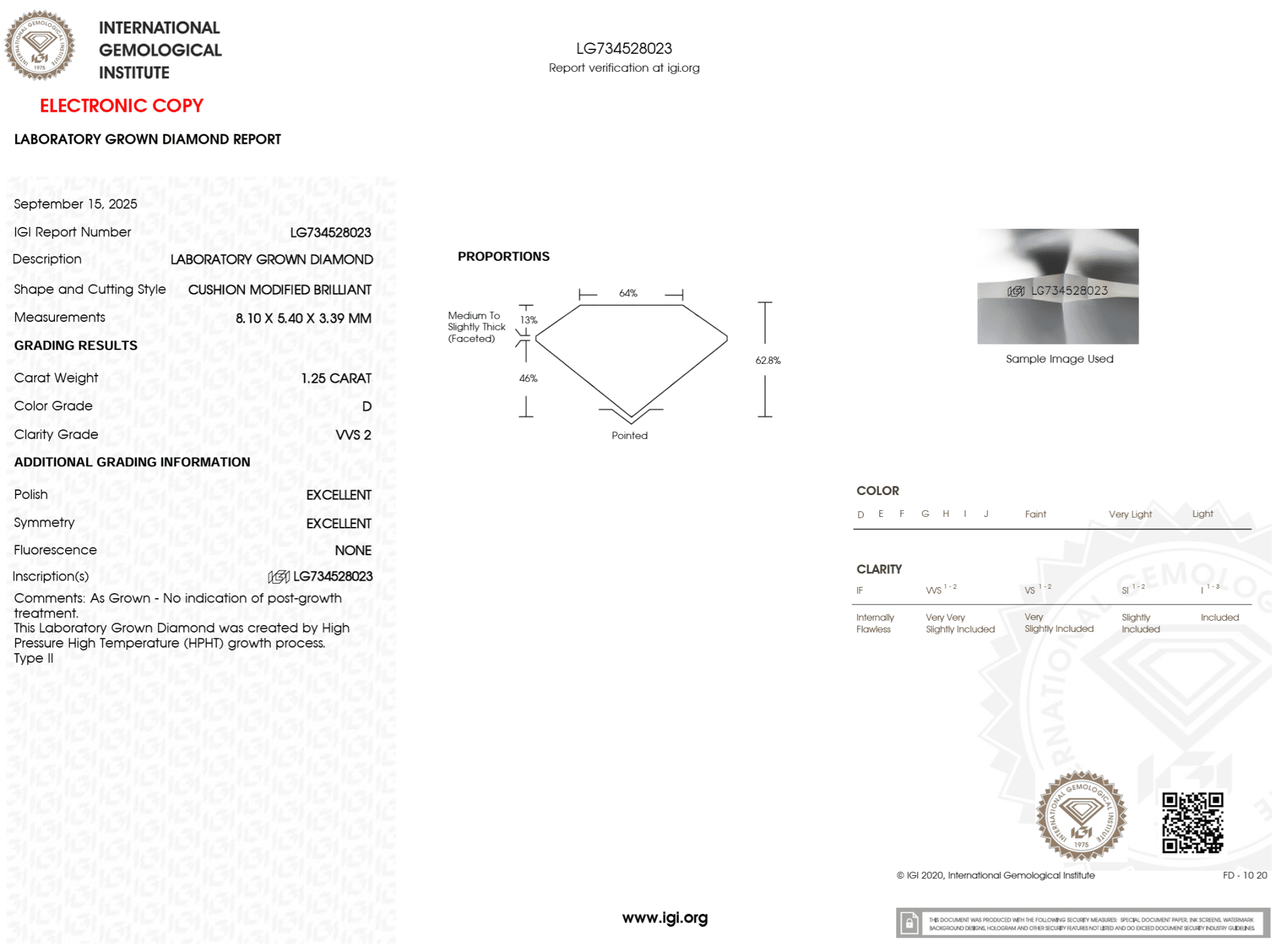 1.25 Carat D - VVS2 Elongated Cushion Lab Grown Diamond - IGI (123115) - PBD Loose Diamond