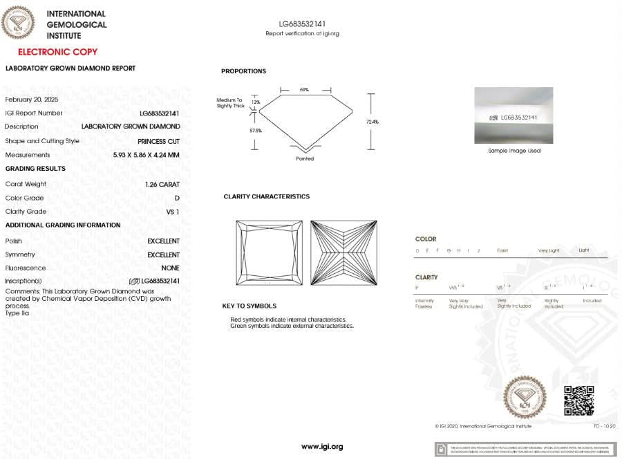 1.26 Carat D - VS1 Princess Lab Grown Diamond - IGI (53570) - PBD Loose Diamond