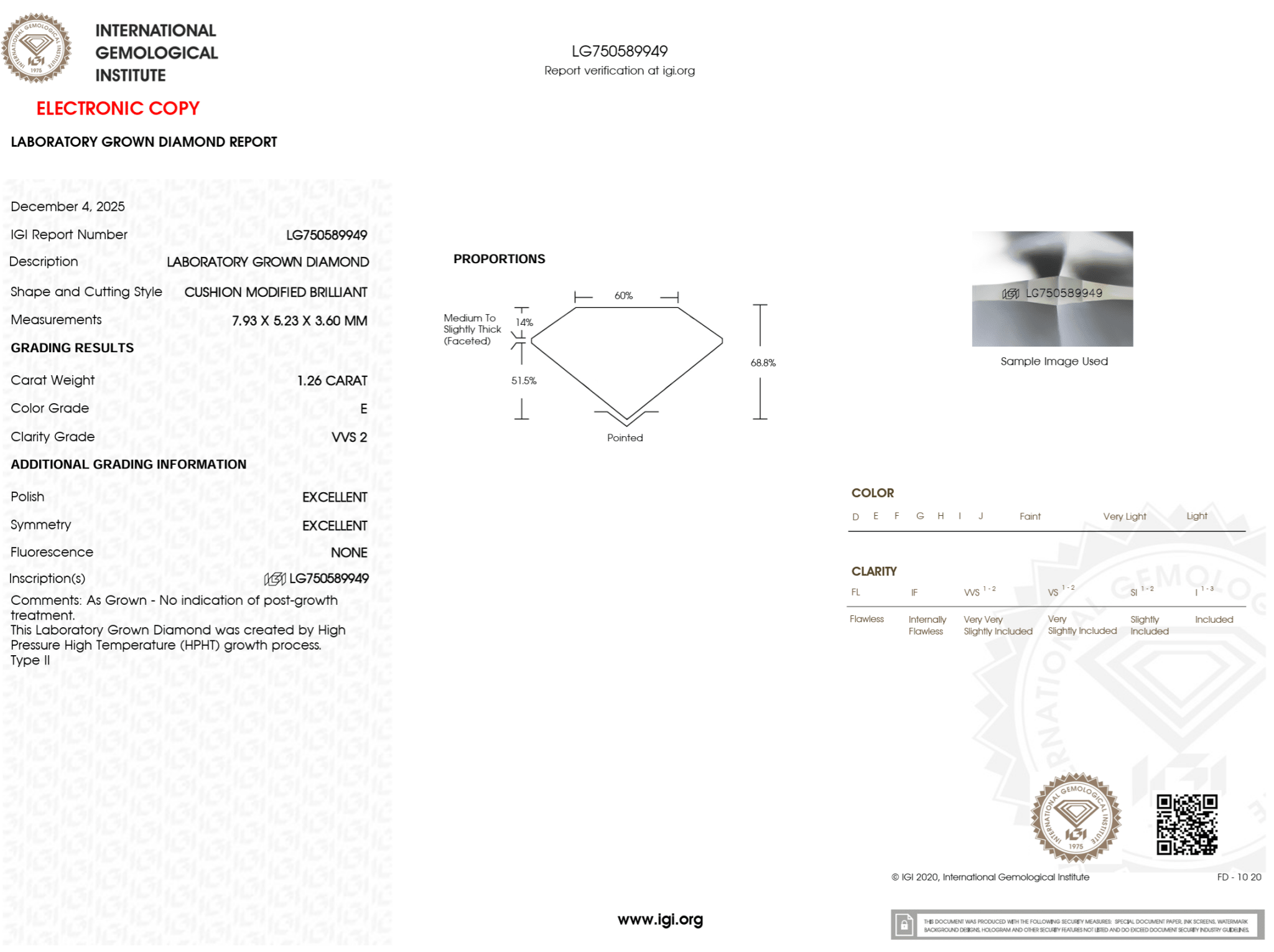 1.26 Carat E - VVS2 Elongated Cushion Lab Grown Diamond - IGI (125403) - PBD Loose Diamond