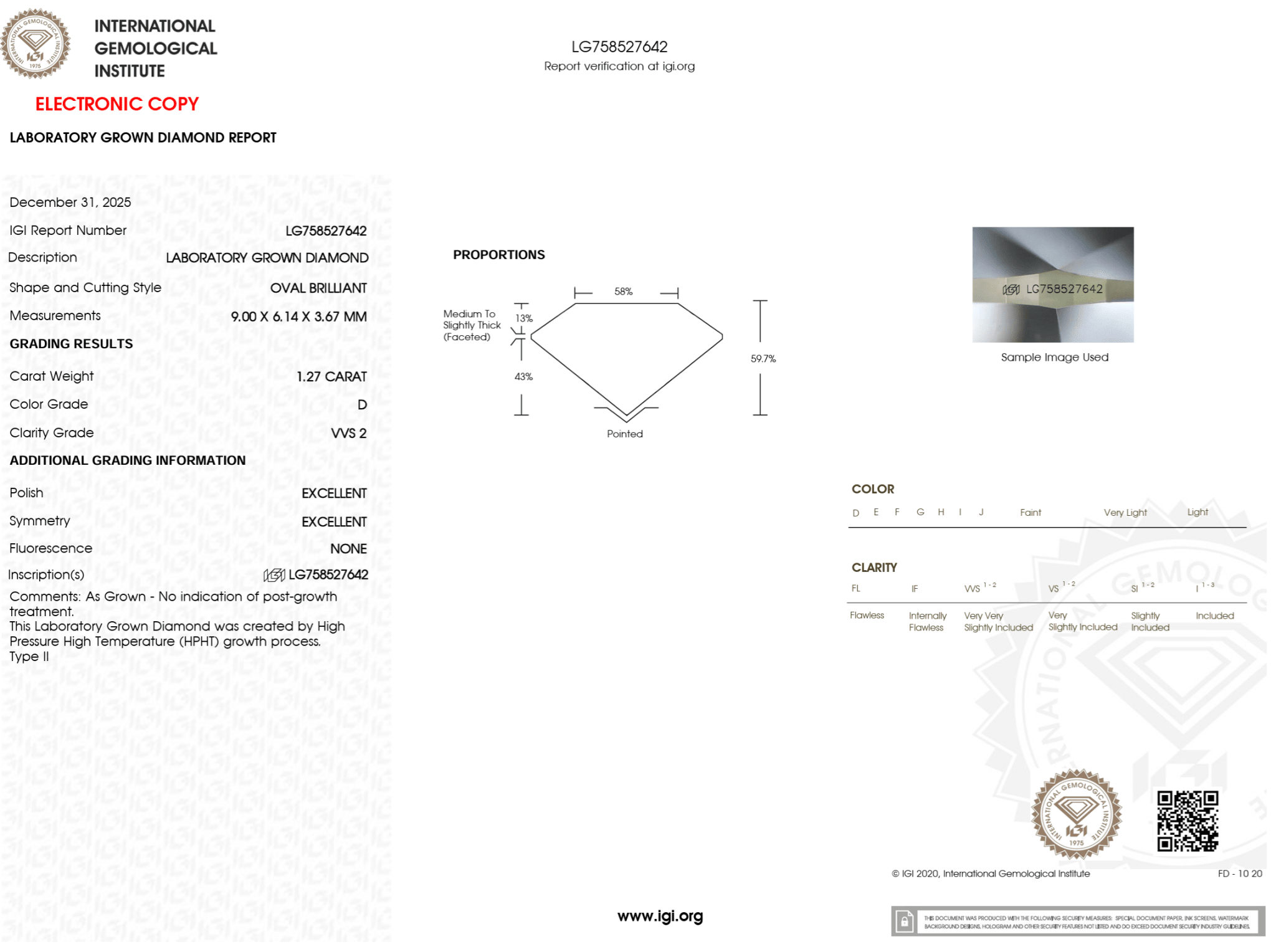 1.27 Carat D - VVS2 Oval Lab Grown Diamond - IGI (125131) - PBD Loose Diamond