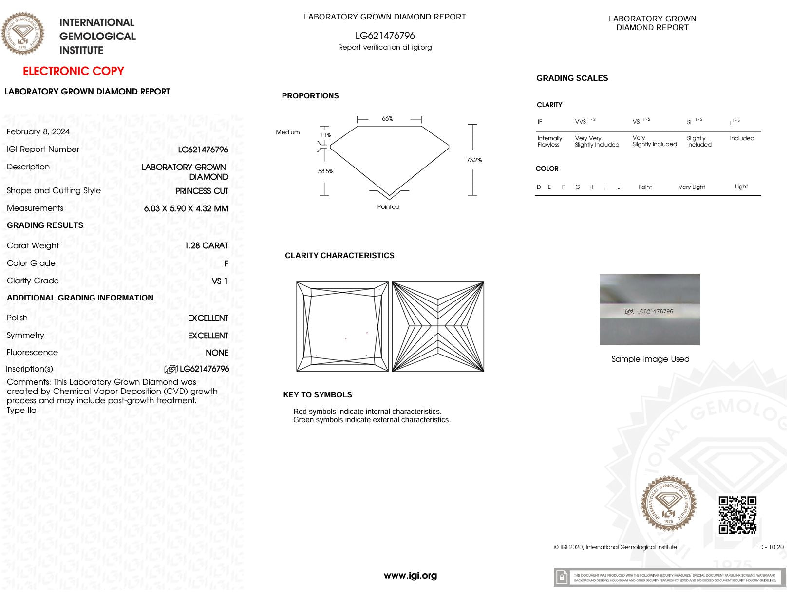 1.28 Carat F-VS1 Princess Lab Grown Diamond - IGI (#51156) Loose Diamond Princess Bride Diamonds 