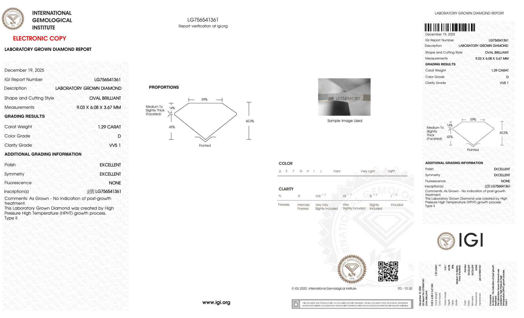 1.29 Carat D-VVS1 Oval Lab Grown Diamond - IGI (127281) - PBD Loose Diamond