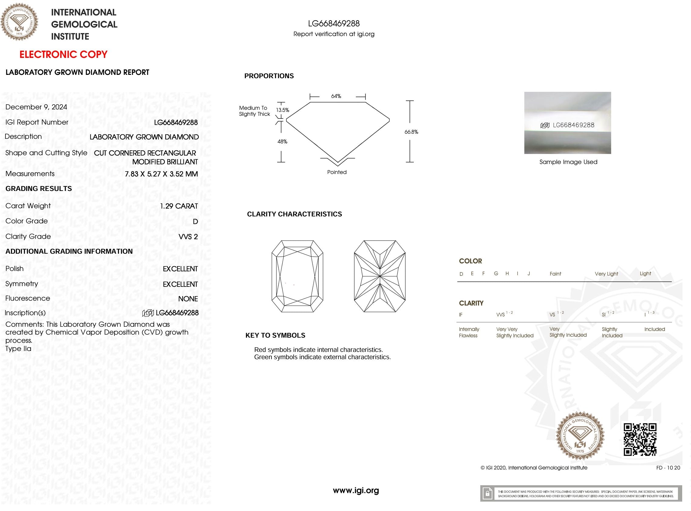 1.29 Carat D-VVS2 Radiant Lab Grown Diamond - IGI (#53954) Loose Diamond Princess Bride Diamonds 