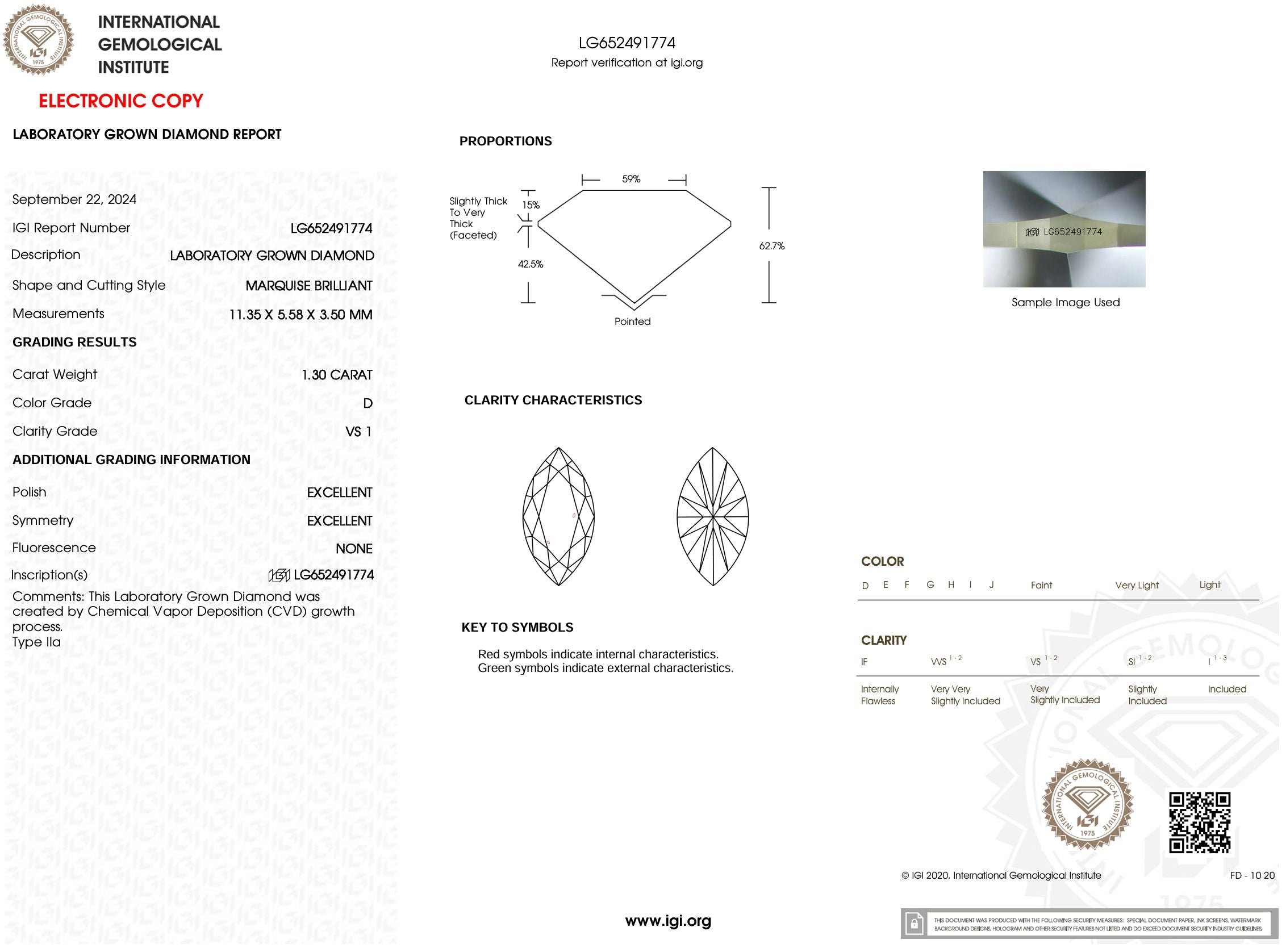 1.30 Carat D-VS1 Marquise Lab Grown Diamond - IGI (#53891) Loose Diamond Princess Bride Diamonds 