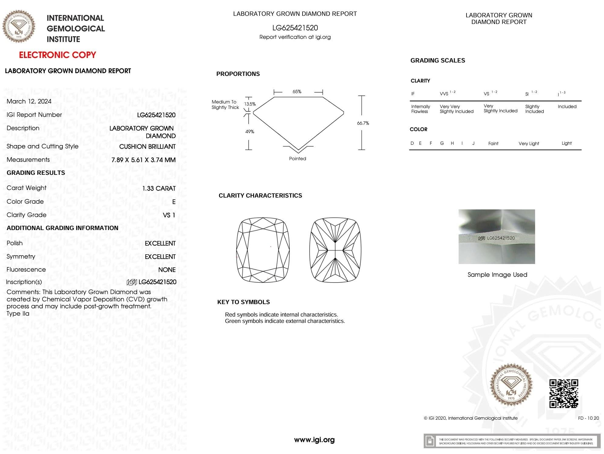 1.33 Carat E - VS1 Elongated Cushion Lab Grown Diamond - IGI (5278) - PBD Loose Diamond