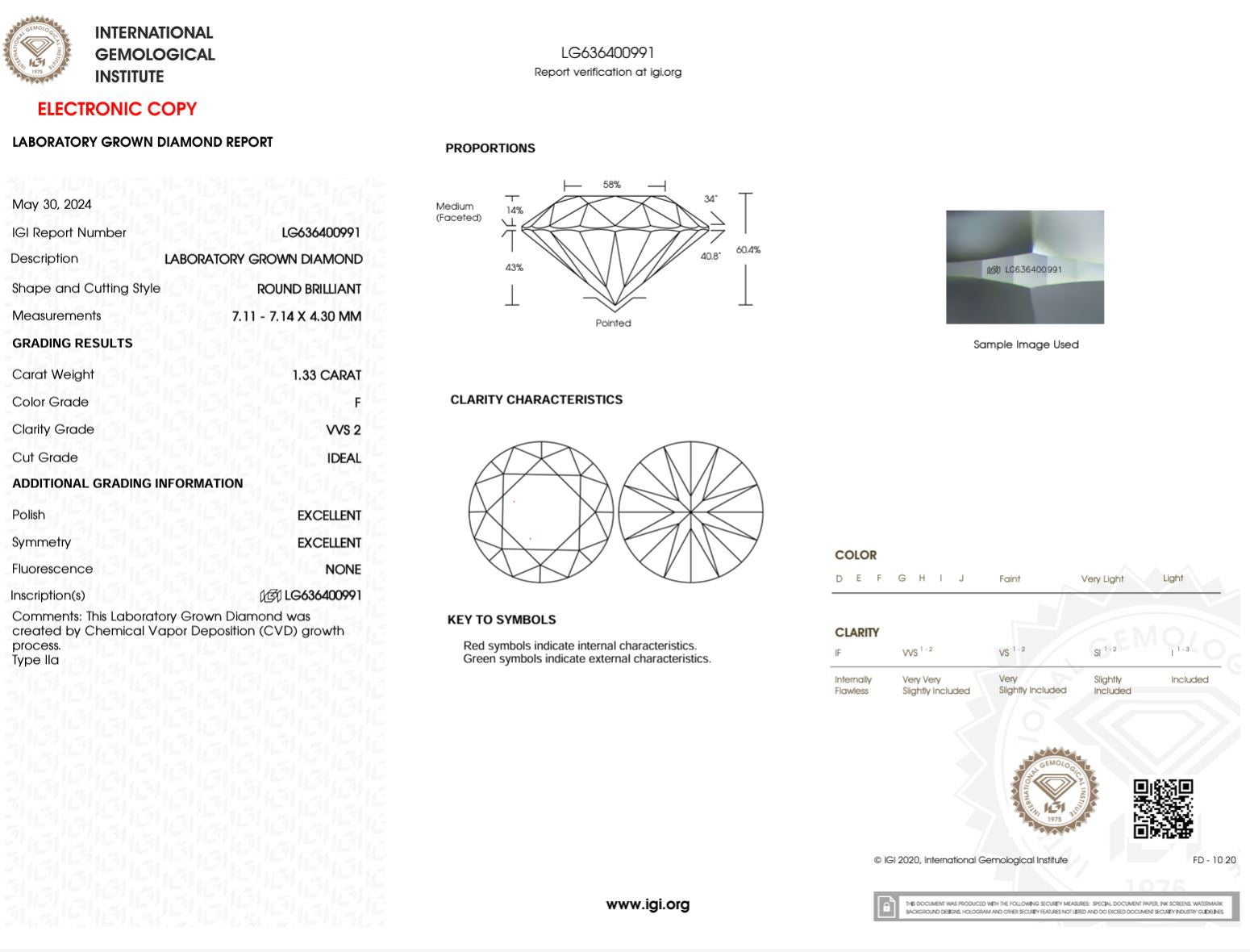 1.33 Carat F-VVS2 Round Lab Grown Diamond - IGI (#49418) Loose Diamond Princess Bride Diamonds 