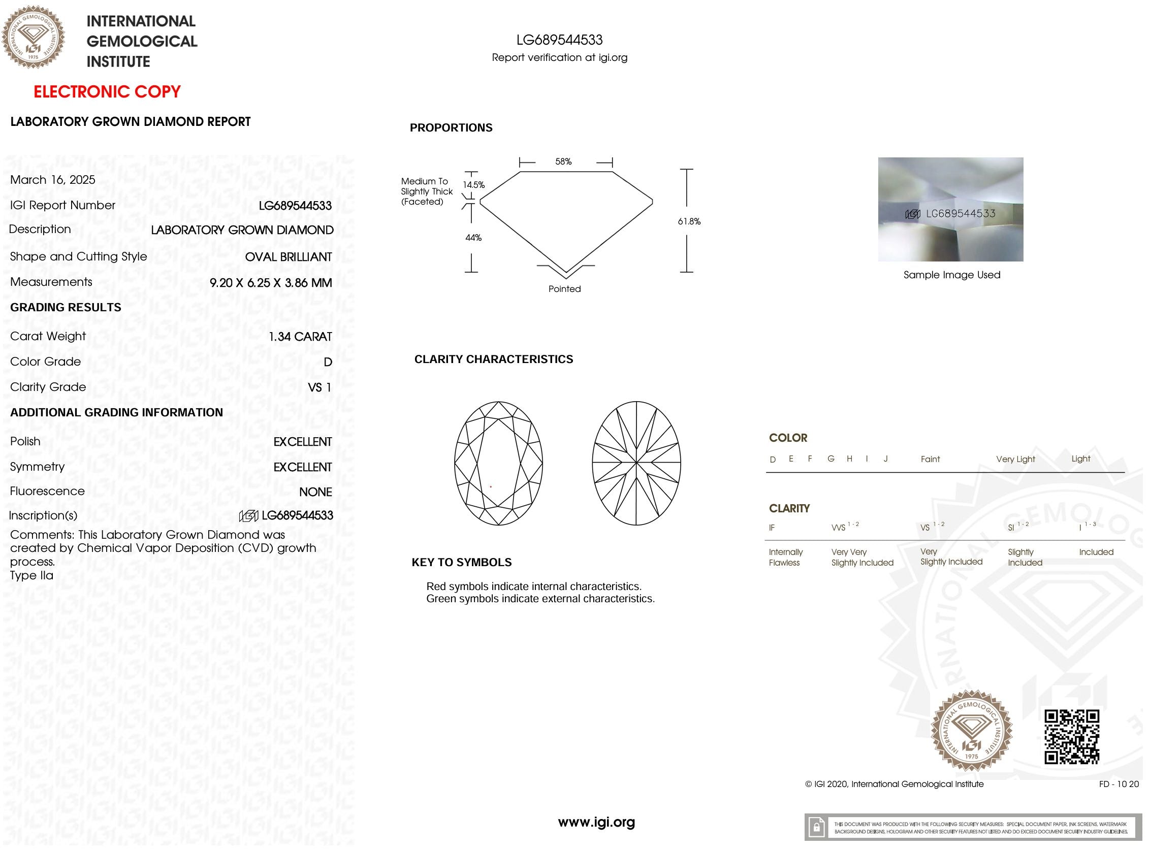 1.34 Carat D-VS1 Oval Lab Grown Diamond - IGI (#53753) Loose Diamond Princess Bride Diamonds 