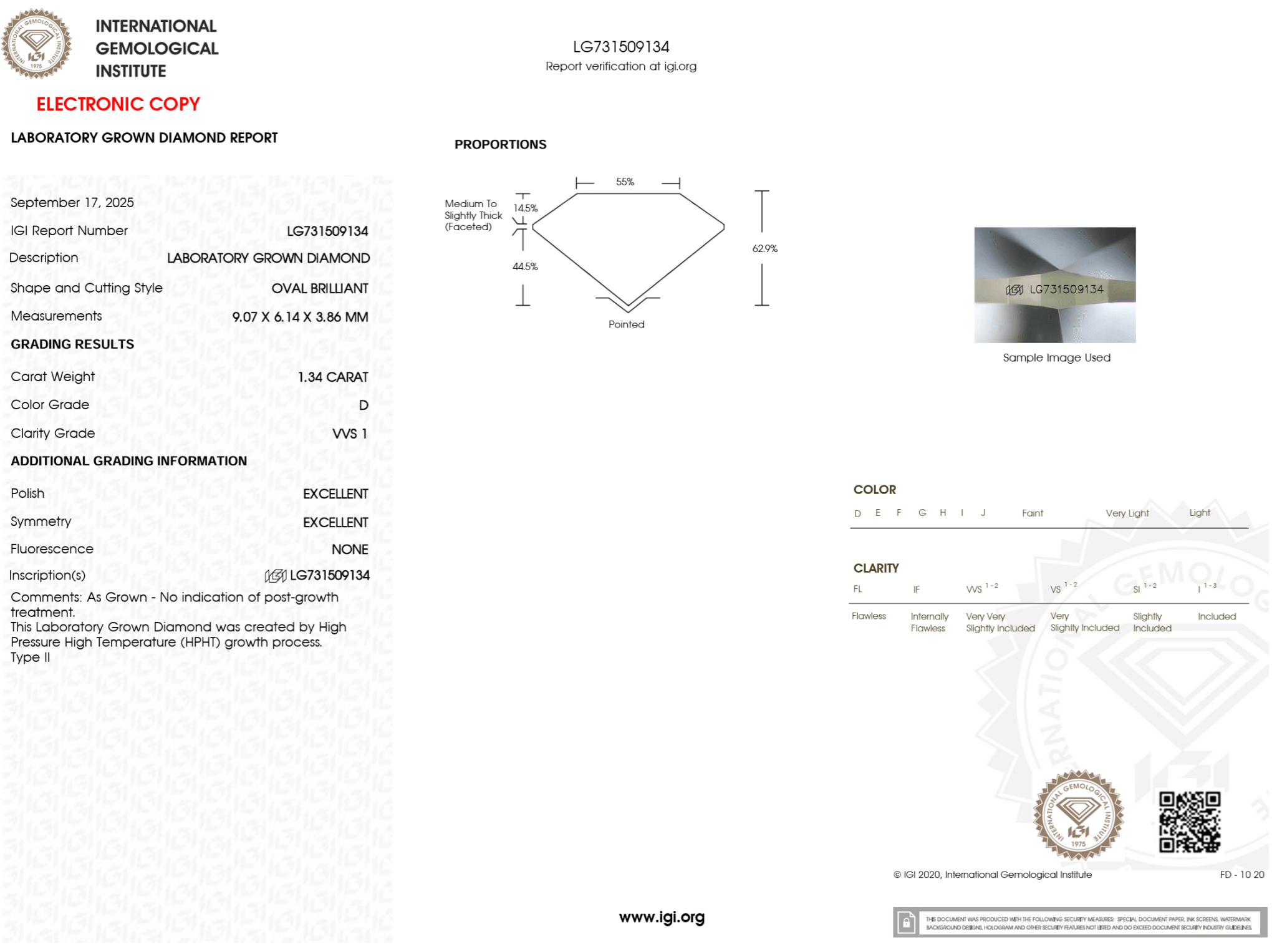 1.34 Carat D - VVS1 Oval Lab Grown Diamond - IGI (125210) - PBD Loose Diamond