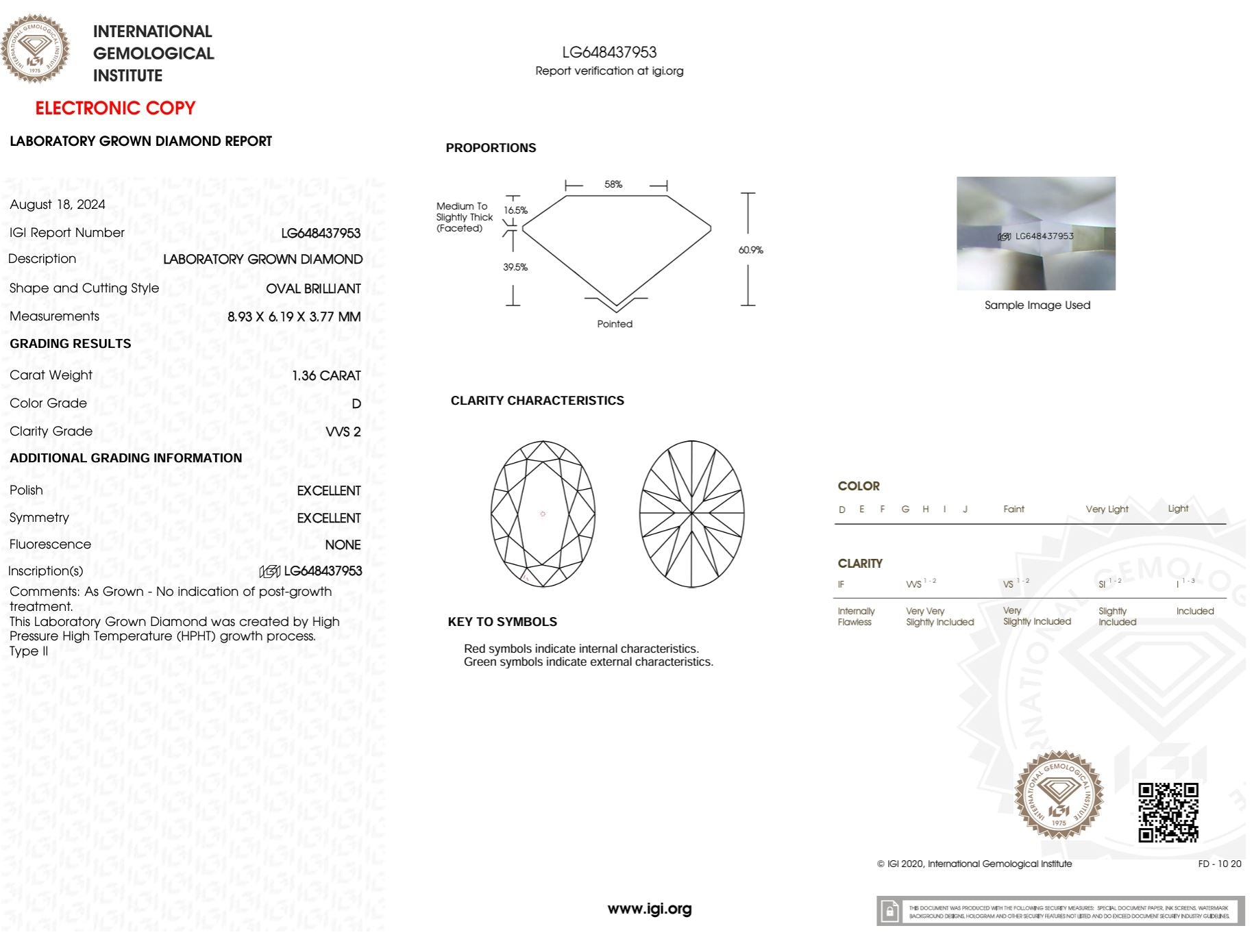 1.36 Carat D-VVS2 Oval Lab Grown Diamond - IGI (#50853) Loose Diamond Princess Bride Diamonds 