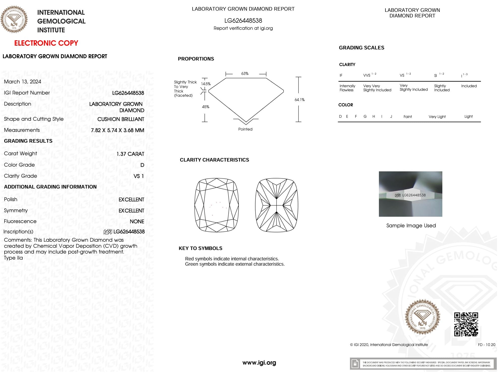 1.37 Carat D-VS1 Elongated Cushion Lab Grown Diamond - IGI (#5280) Loose Diamond Princess Bride Diamonds 