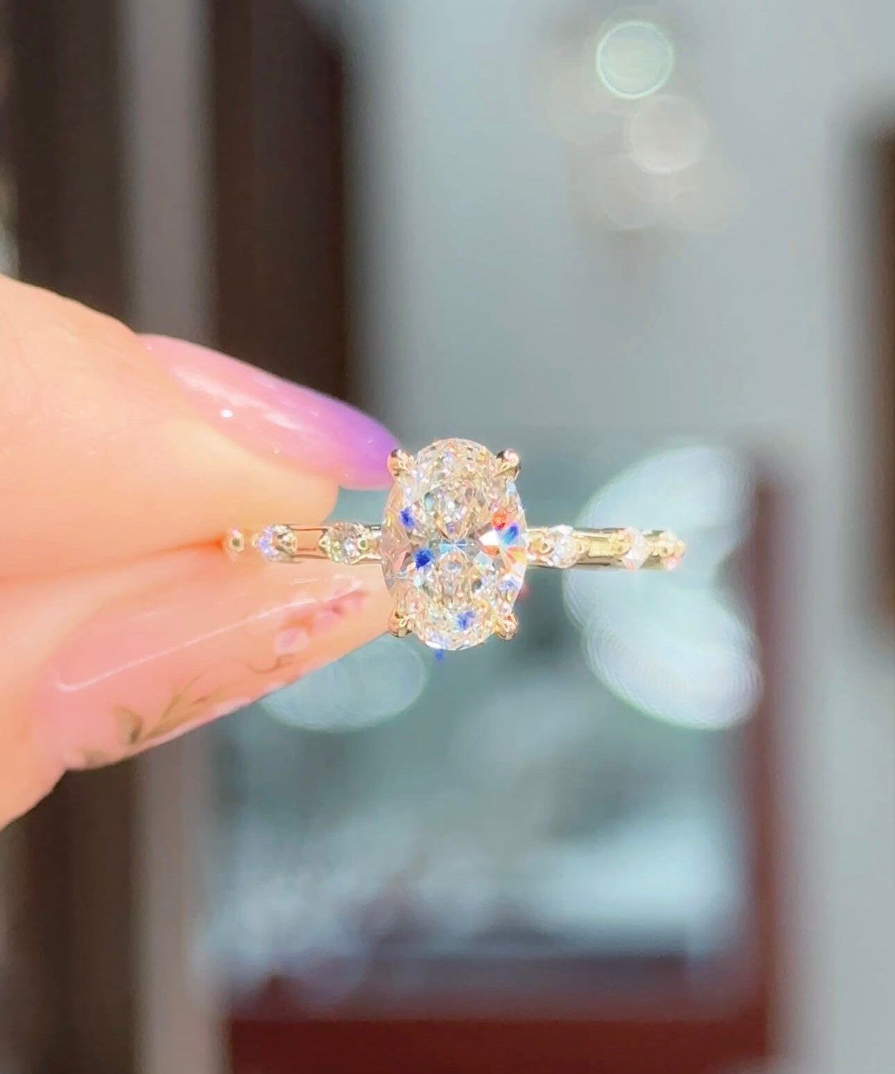 1.37ct E-VS1 Oval Lab Diamond Daisy Engagement Rings Princess Bride Diamonds 